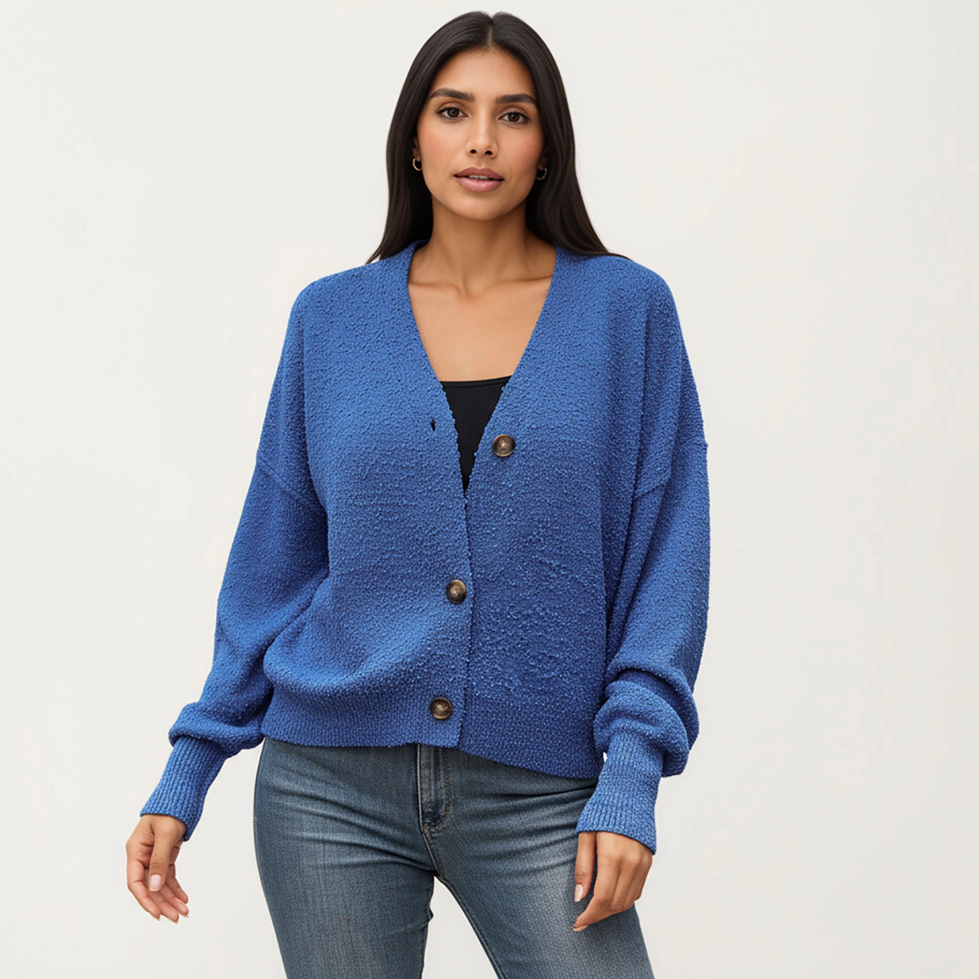 Anna-Kaci Women's Textured Knit Button Front Top with Cozy Fabric, Drop Shoulder Silhouette and Ribbed Edges