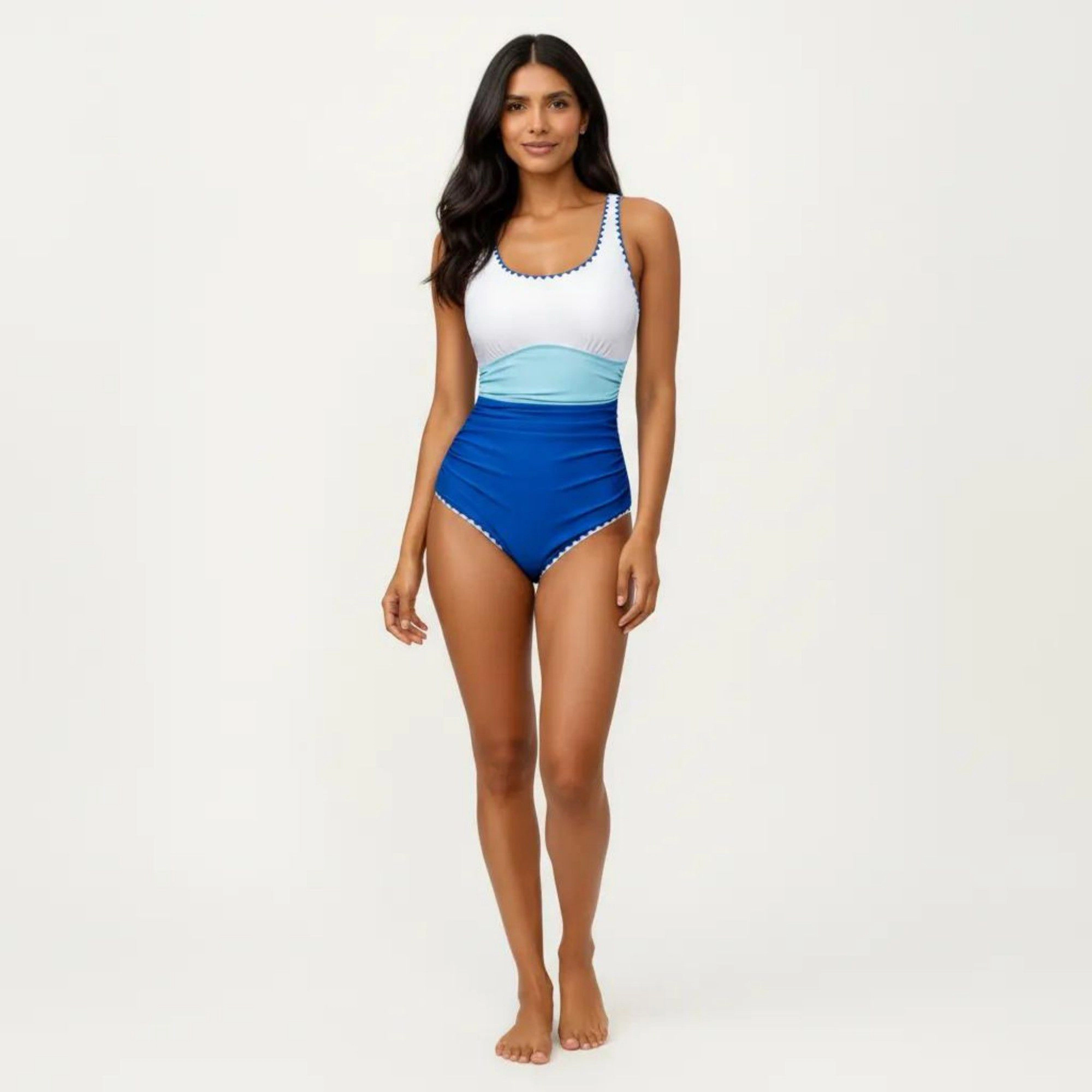 Anna-Kaci Women One Piece Swimsuit - Contrast Trim Scoop Neck, Ruched Waist