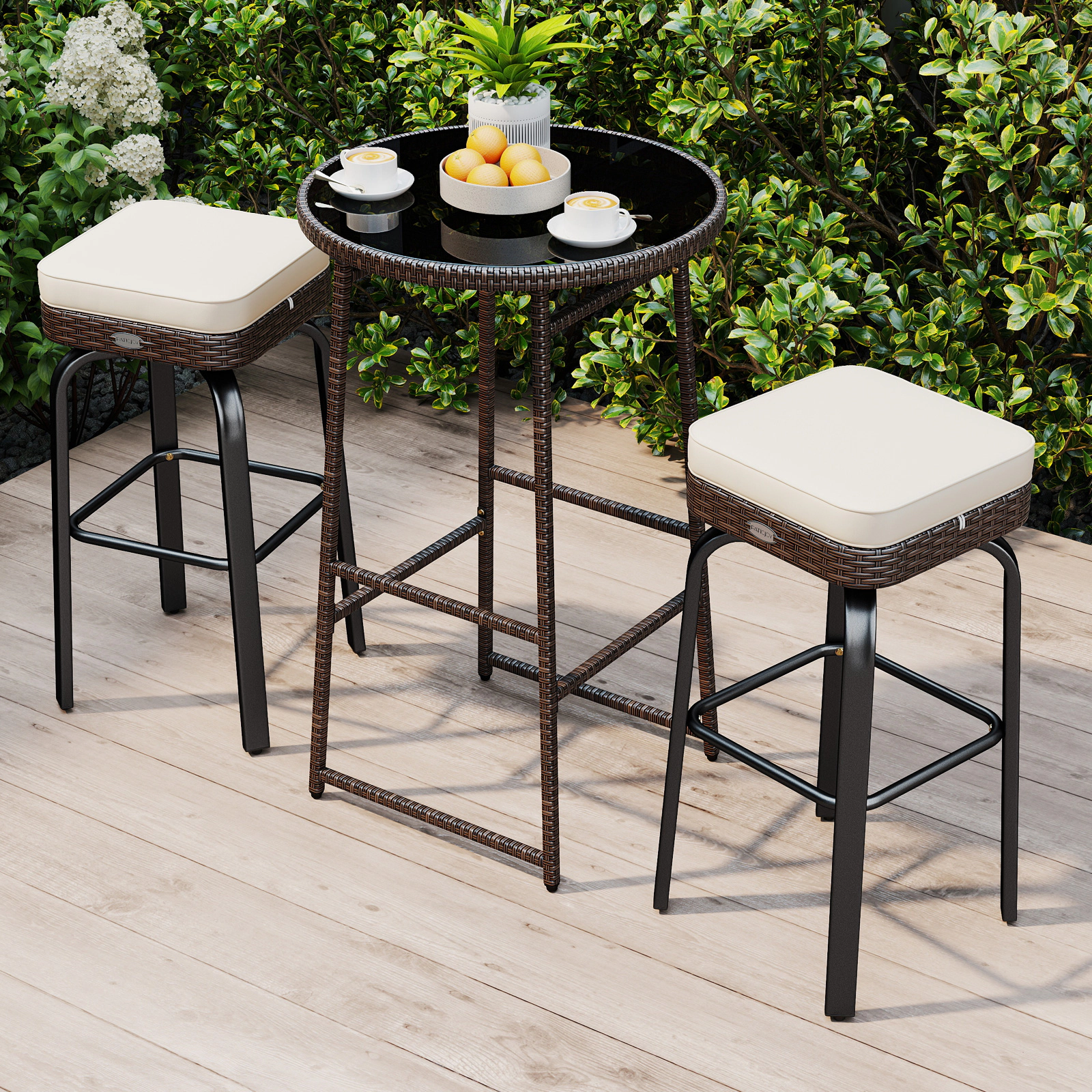 LJG 3 Pieces Outdoor Swivel Bar Set PE Rattan Bar Height Table with 2 Chairs