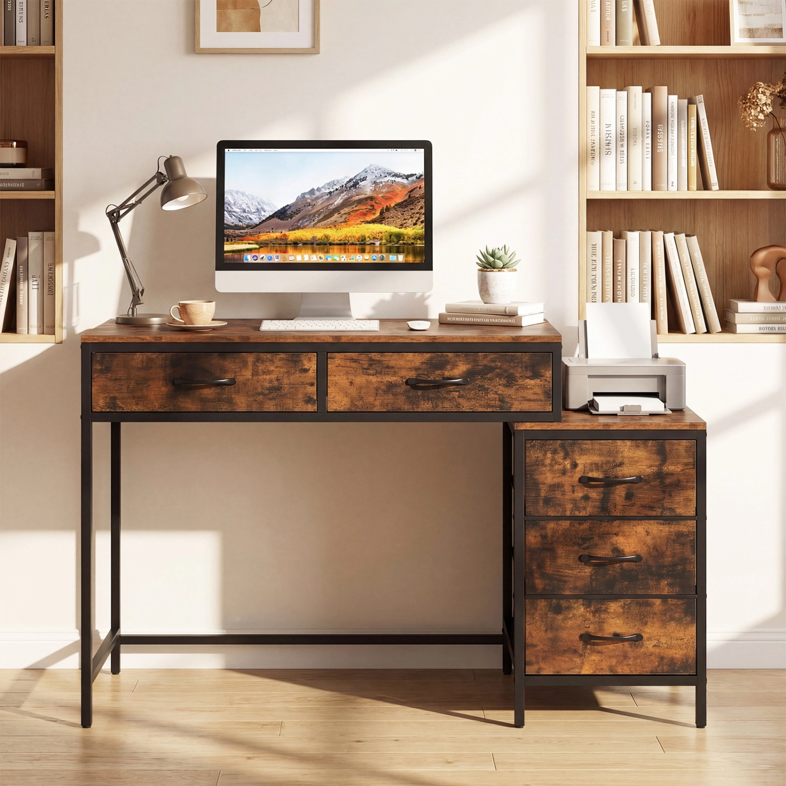SUGIFT 51-Inch Rustic Brown Computer Desk with 5 Drawers, Printer Stand and Reversible Storage Tower