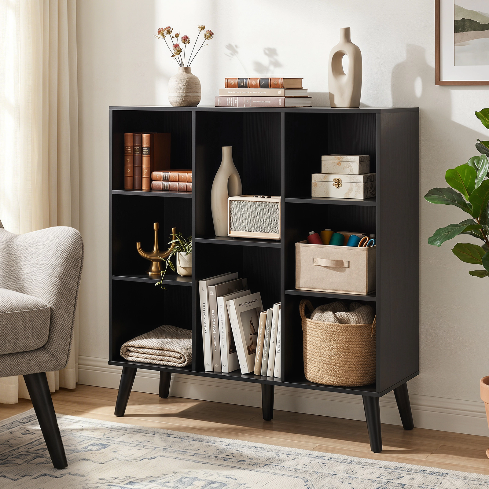 Costway 8-Cube Bookshelf, 3-Tier Bookcase with Elevated Metal Legs for Living Room & Office Rustic Brown