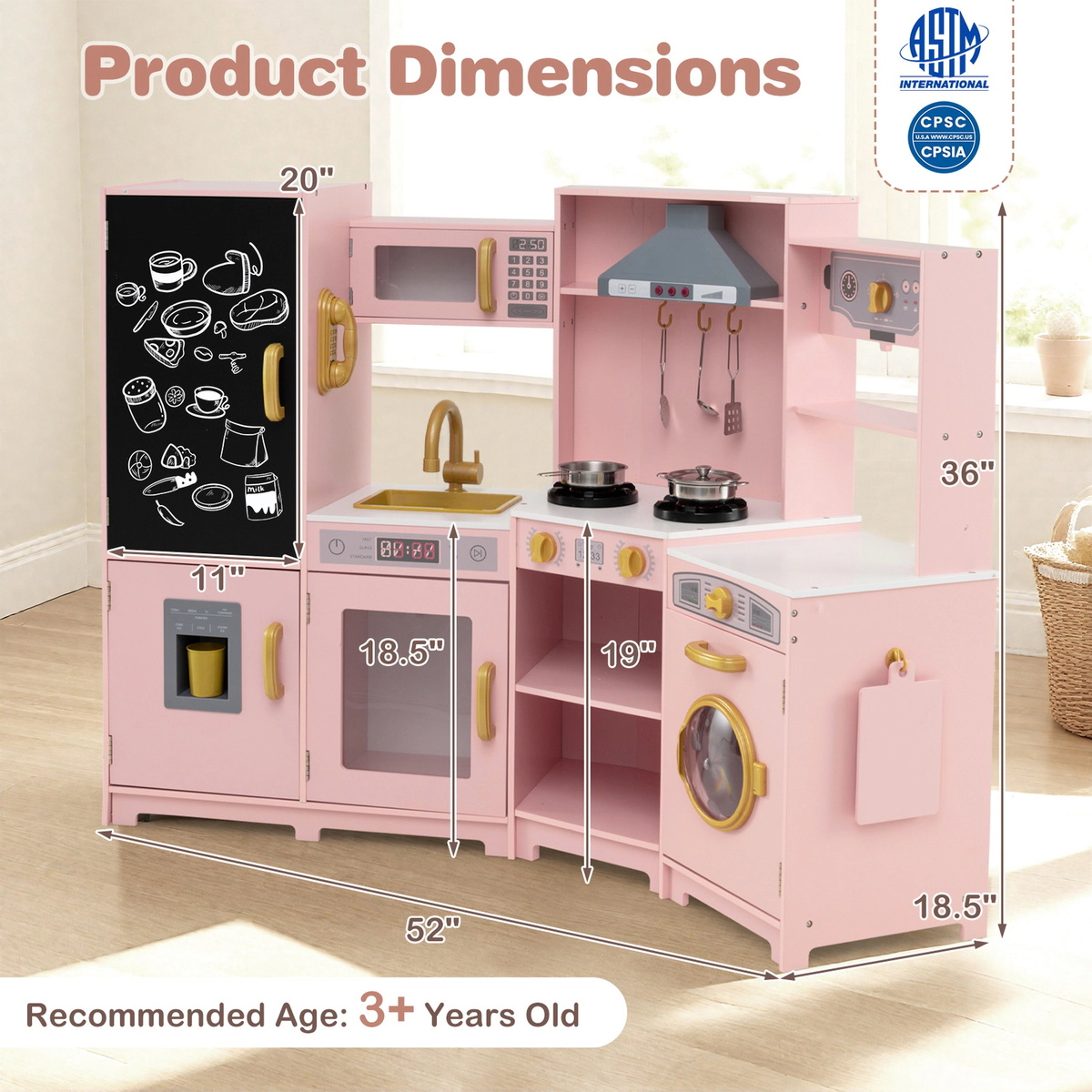SUGIFT Pink Lights Sounds and Ice Maker for Kids Large Corner Wooden Play Kitchen