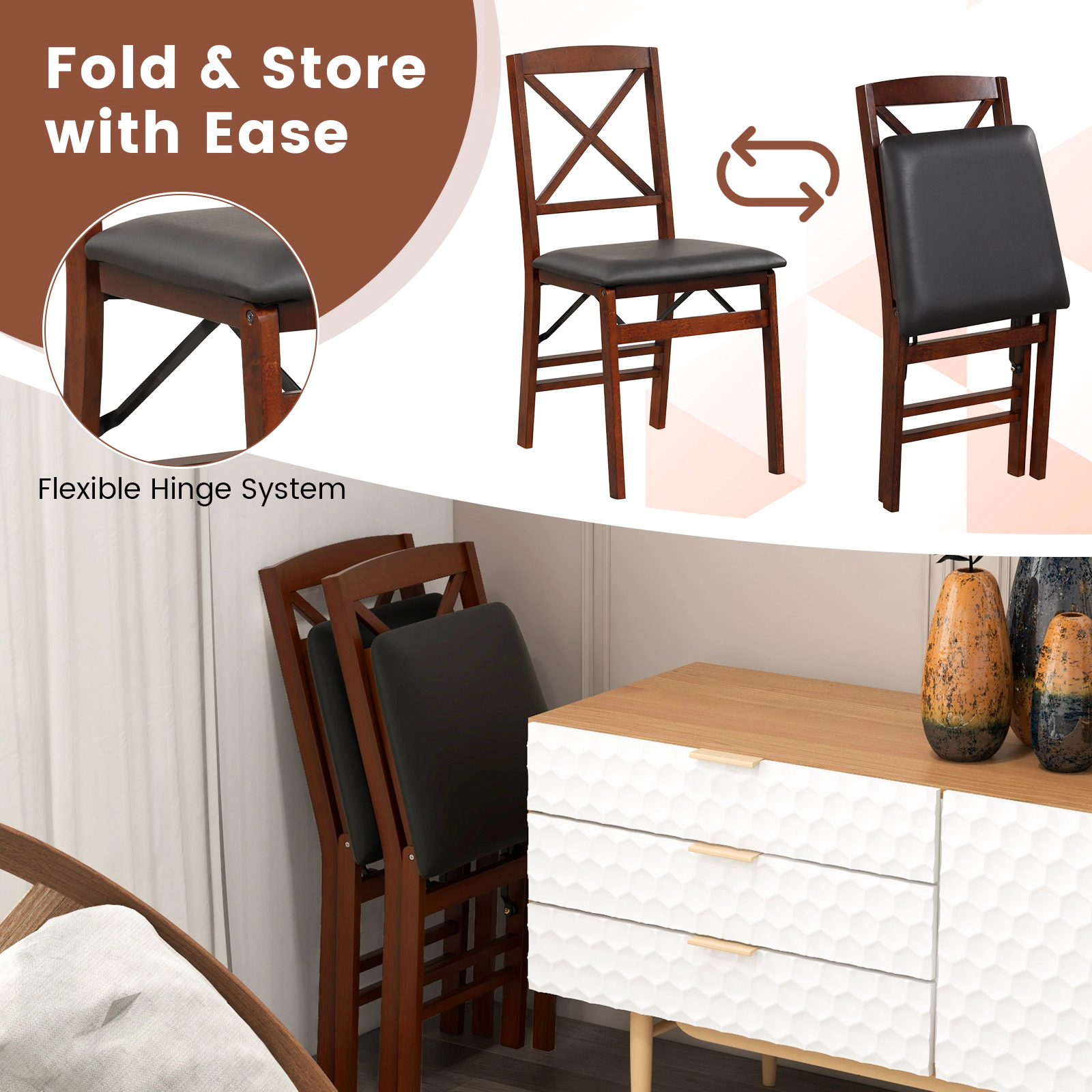 LJG Set of 2 Folding Dining Chairs with 400 LBS Capacity