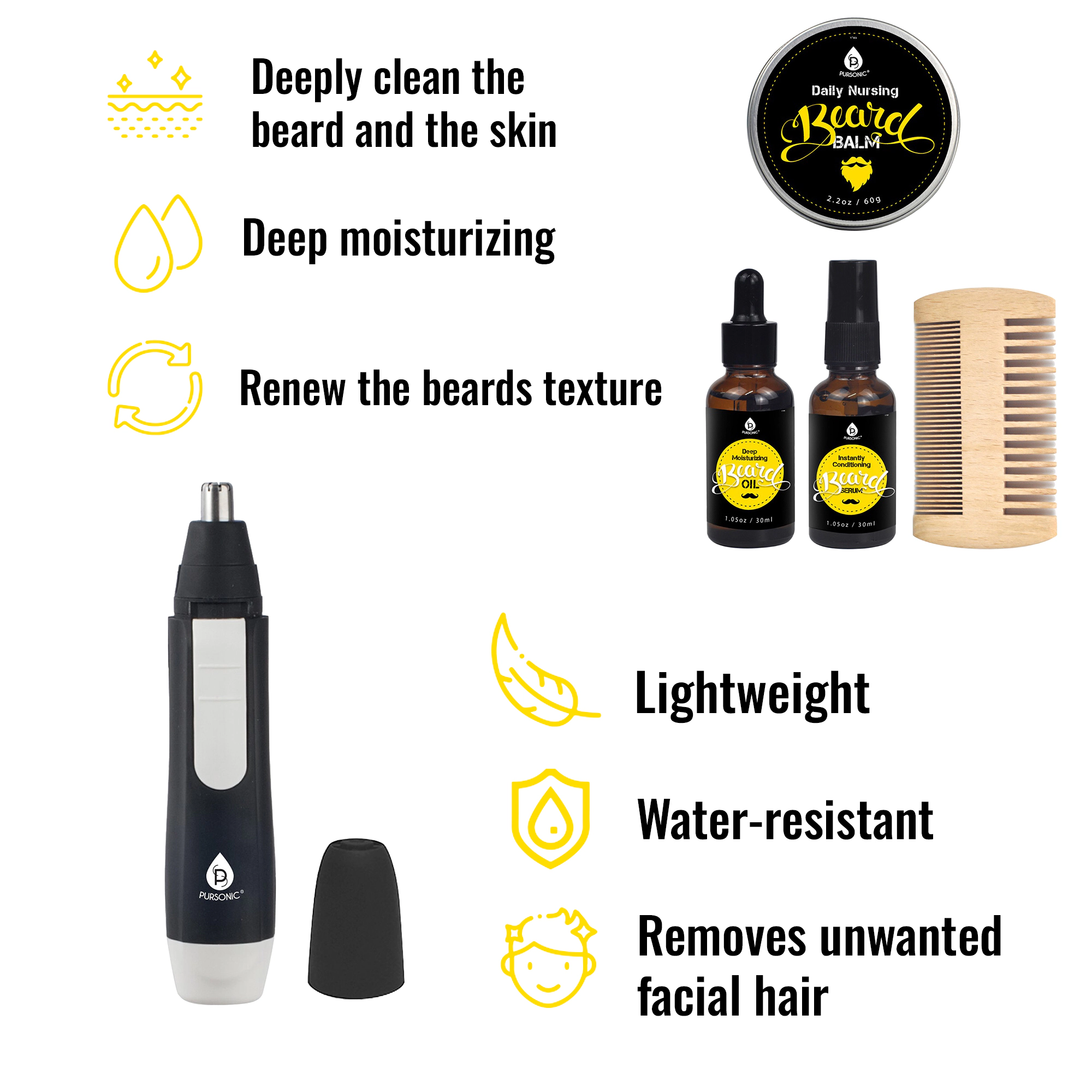 Pursonic Men’s Complete Beard Care & Facial Grooming Kit with Beard Oil, Balm, Serum & Trimmer