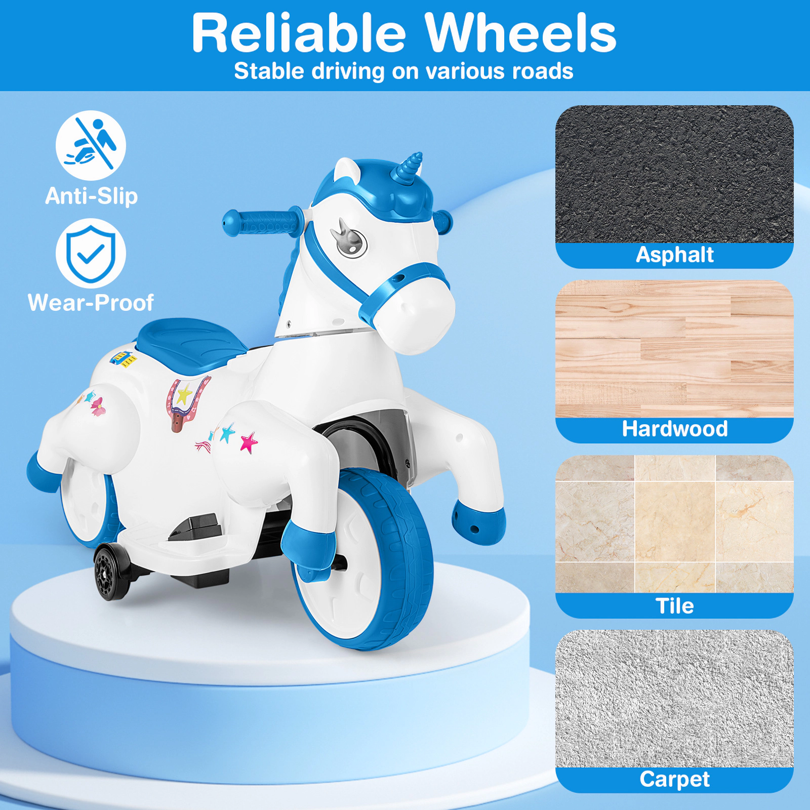 Hivvago 12V Unicorn Ride on Toy with Training Wheels and Horse Riding Mode-Navy