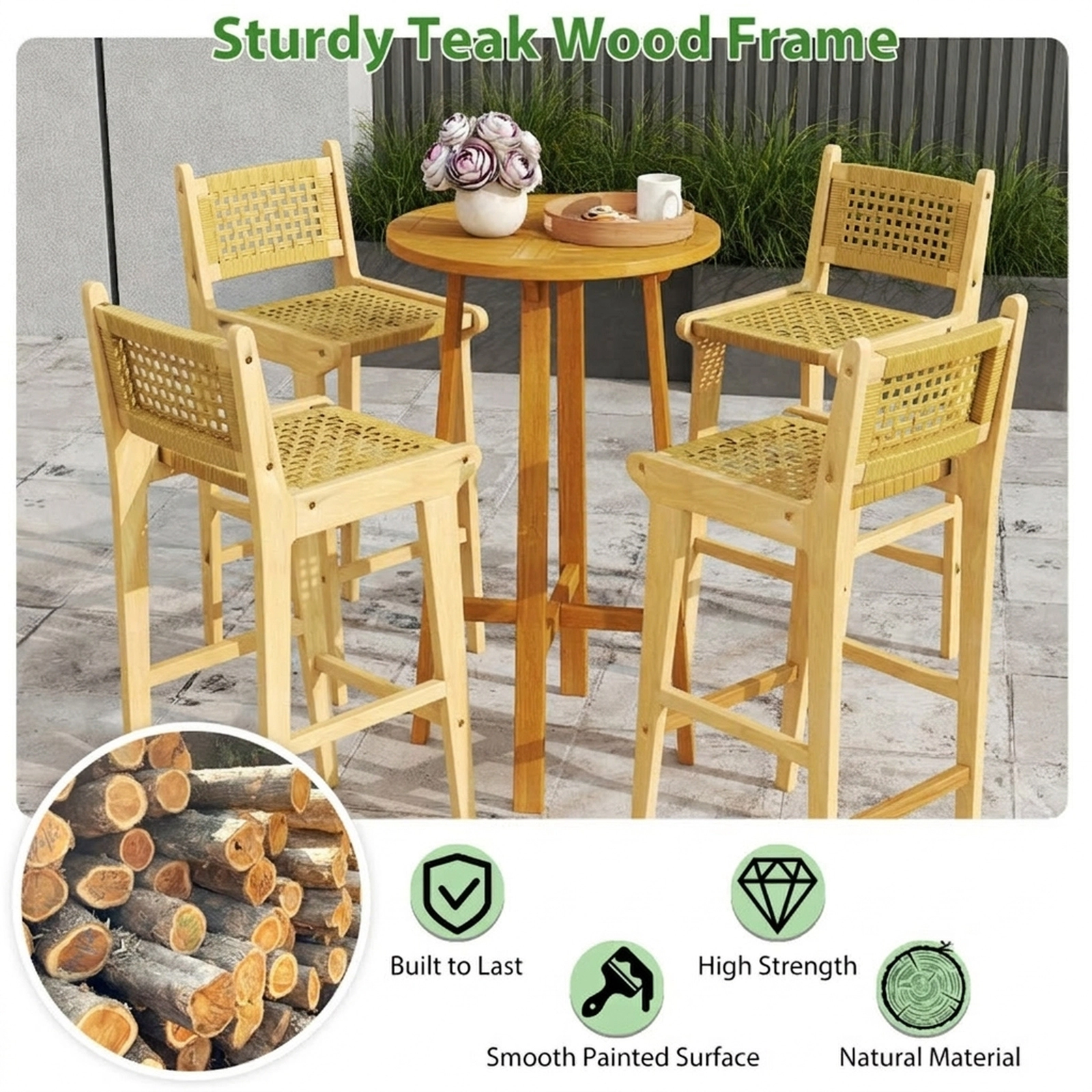 SUGIFT 29.5-in Bar Height Teak Patio Bar Stool, Woven Rattan, Foot Rail, 350-lb Capacity