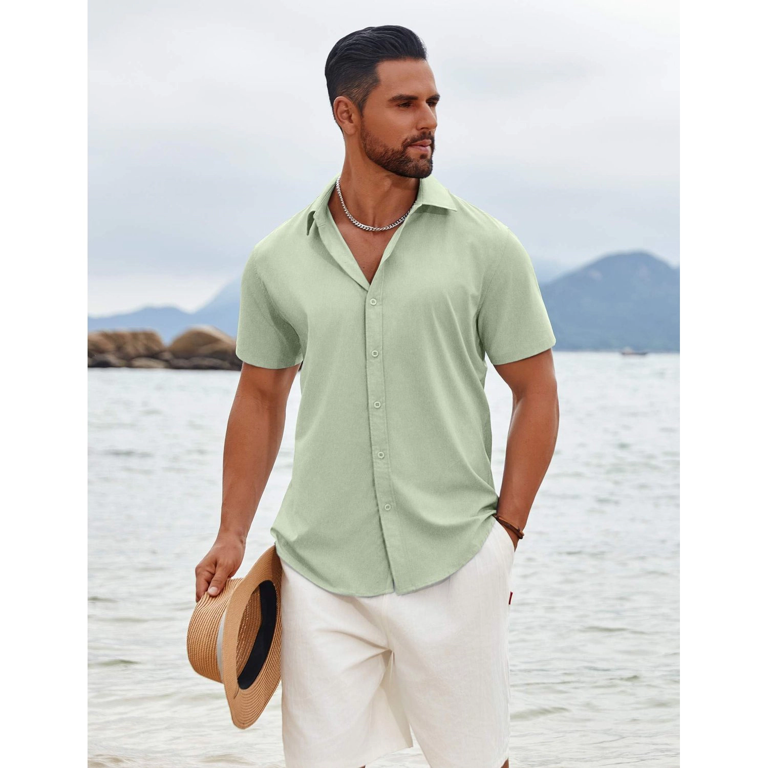 COOFANDY Mens Solid Short Sleeve Shirts  Lapel V Neck Button Down Casual Tops