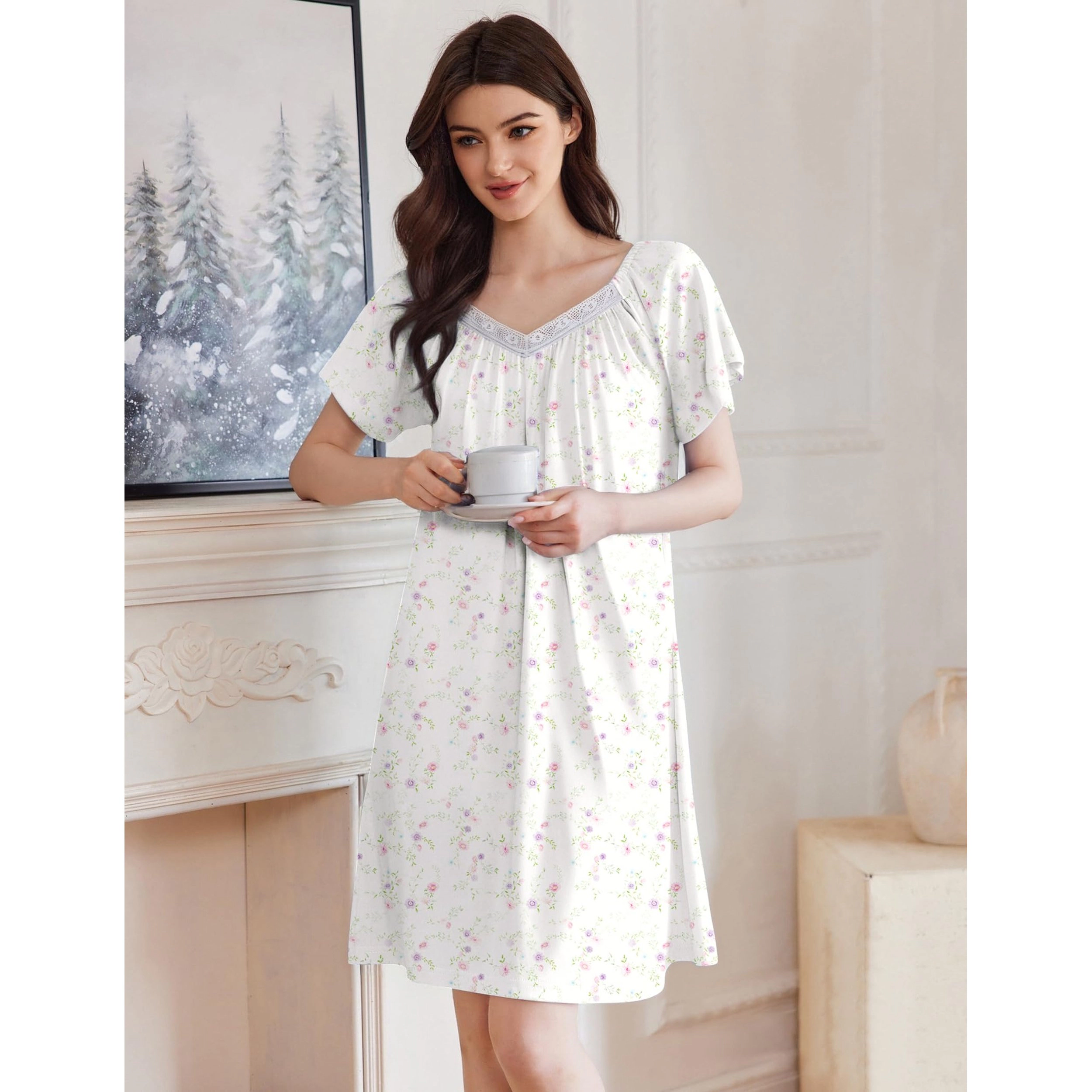 Ekouaer Womens Nightgown Lace Trim V Neck Sleep Shirt Flare Short Sleeve Night Gown Pleated