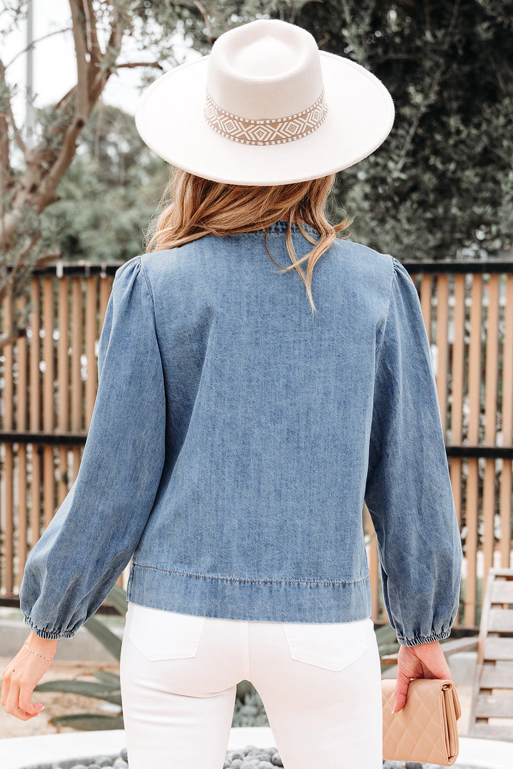 Threaded Pear Women's Oakley Tied Front Long Puff Sleeve Denim Top