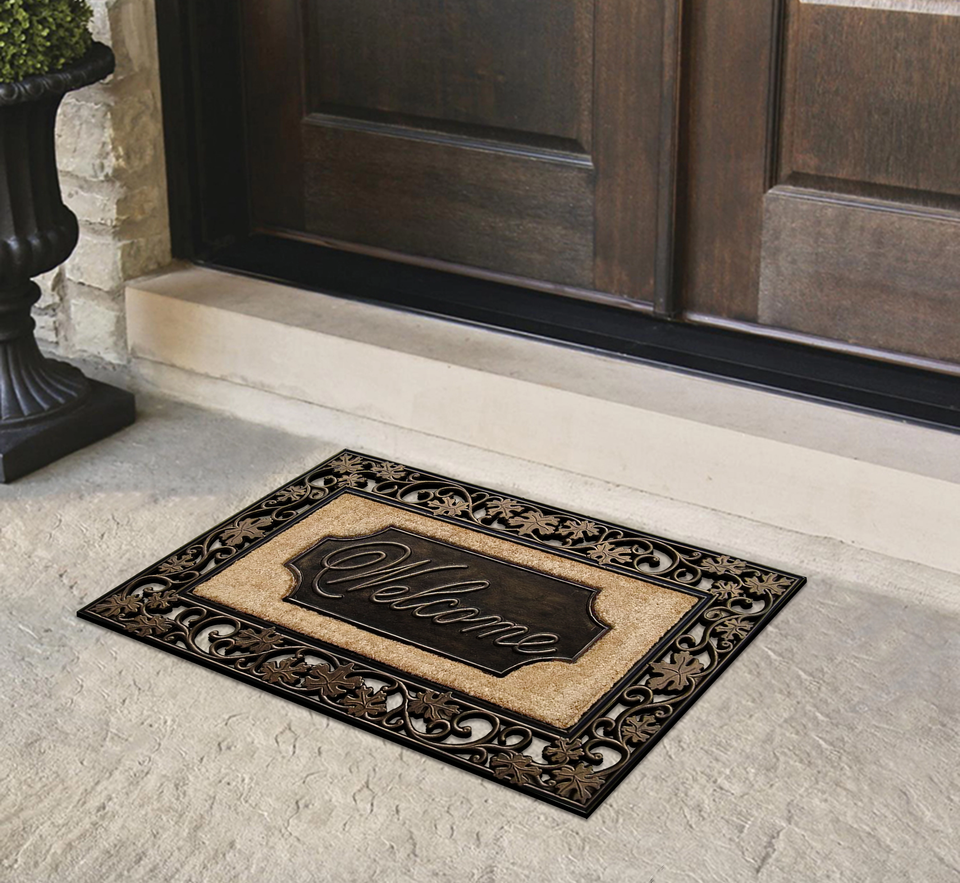 A1HC Coir and Rubber Door Mat 18x30 Inches Heavy Duty Durable Low-Profile Floral Welcome