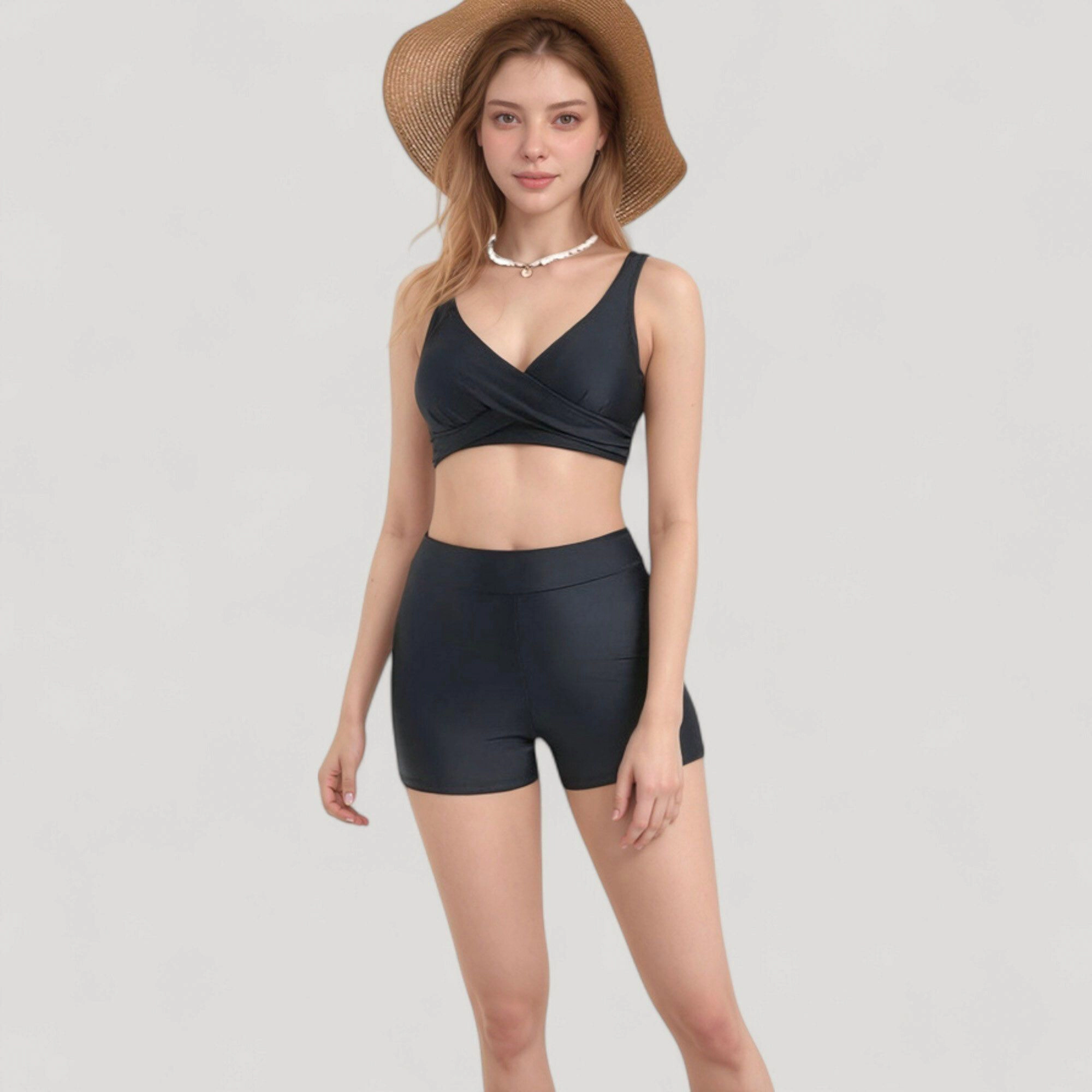 Anna-Kaci Women's Twist Front Bikini Top and High Waist Swim Shorts Set with Supportive Wide Straps Soft Stretch Fit