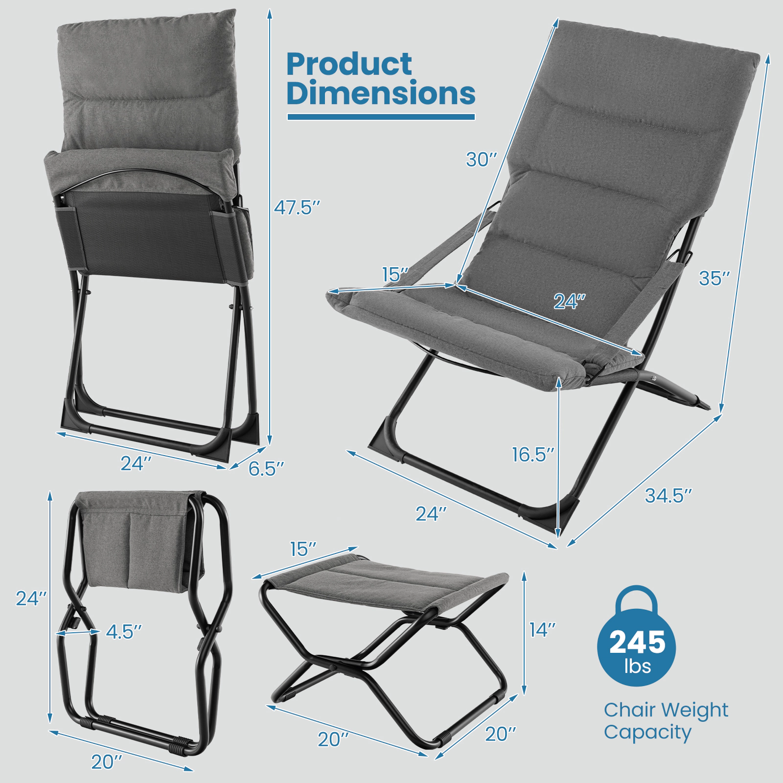 SUGIFT Folding Sling Chair with Ottoman, Removable Olefin Cushion, Gray Metal Frame