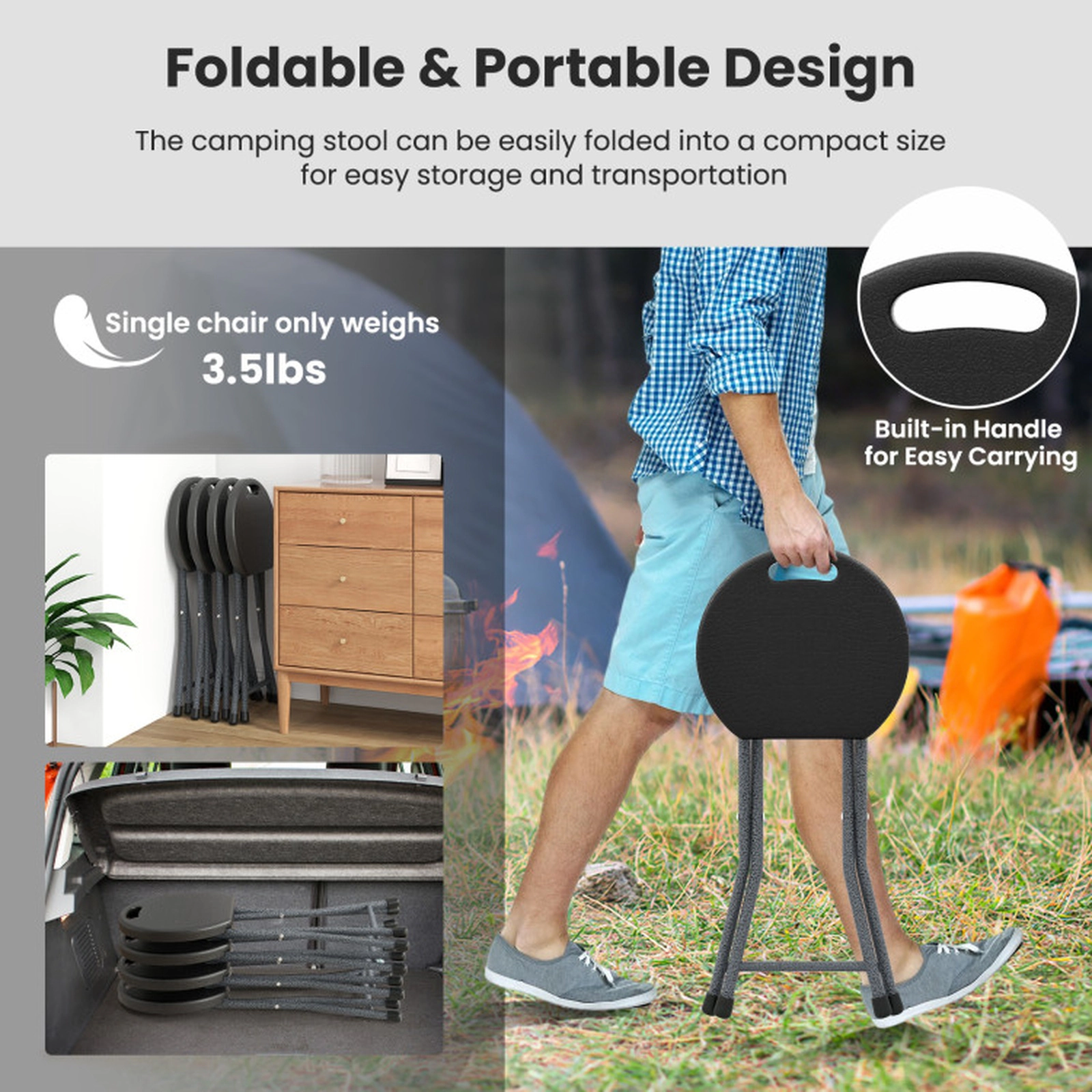 SUGIFT Folding Camping Stool with Built-in Handle for Adults 18-in Tall 3.5-lb Net Weight Black Silver