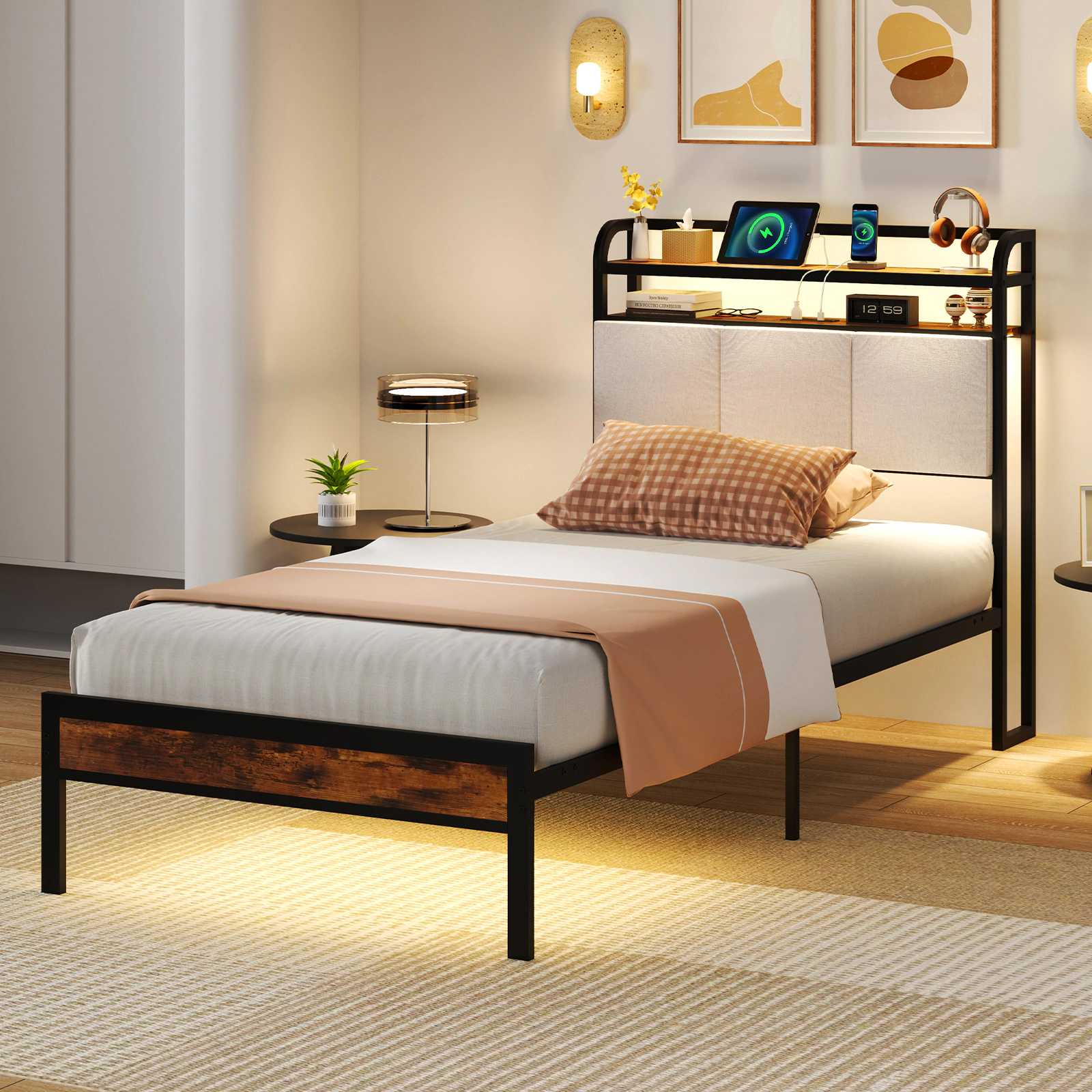 SUGIFT Twin Size 485-lb Bed Capacity LED Bed Frame with Charging Station and 2-Tier Storage Headboard Rustic Brown