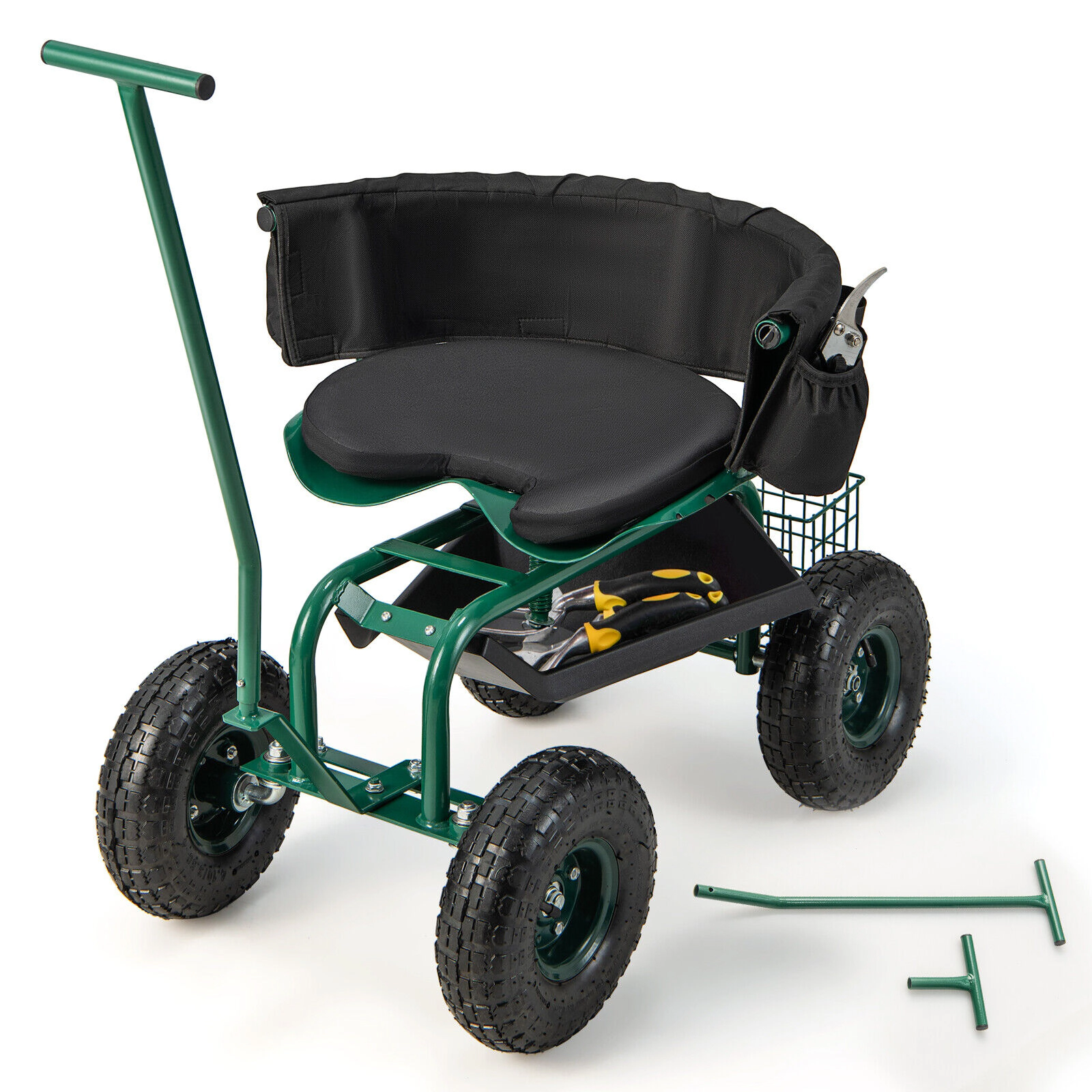 SUGIFT Green 330-lb Capacity Rolling Garden Cart with 360-Degree Swivel Seat Tool Tray and Basket