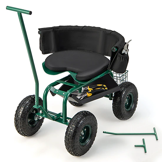 SUGIFT Green 330-lb Capacity Rolling Garden Cart with 360-Degree Swivel Seat Tool Tray and Basket