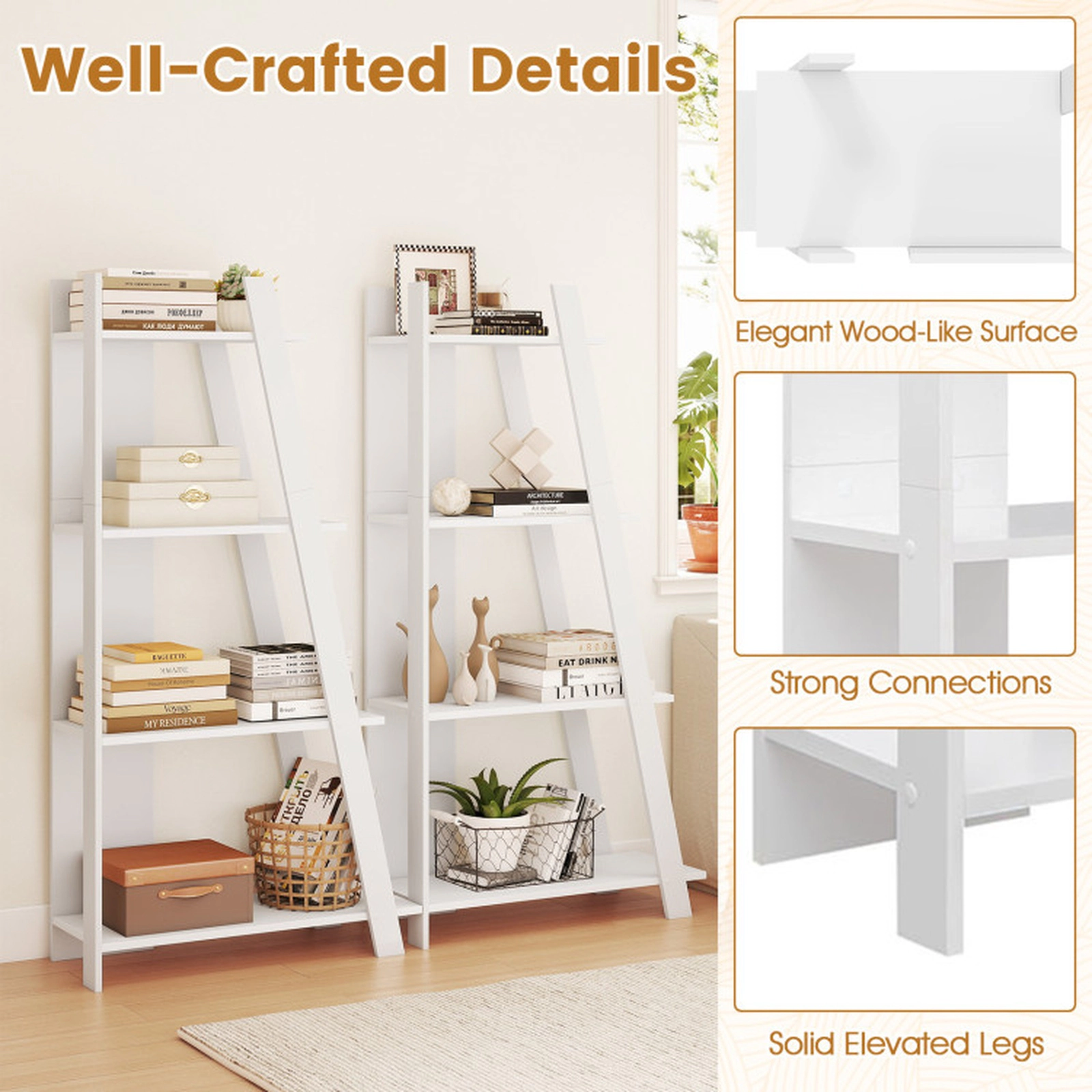 SUGIFT 4-Tier Modern Wooden Vertical Bookshelf 61-in Tall with 51-lb Shelves 203-lb Total Capacity White for Small Space