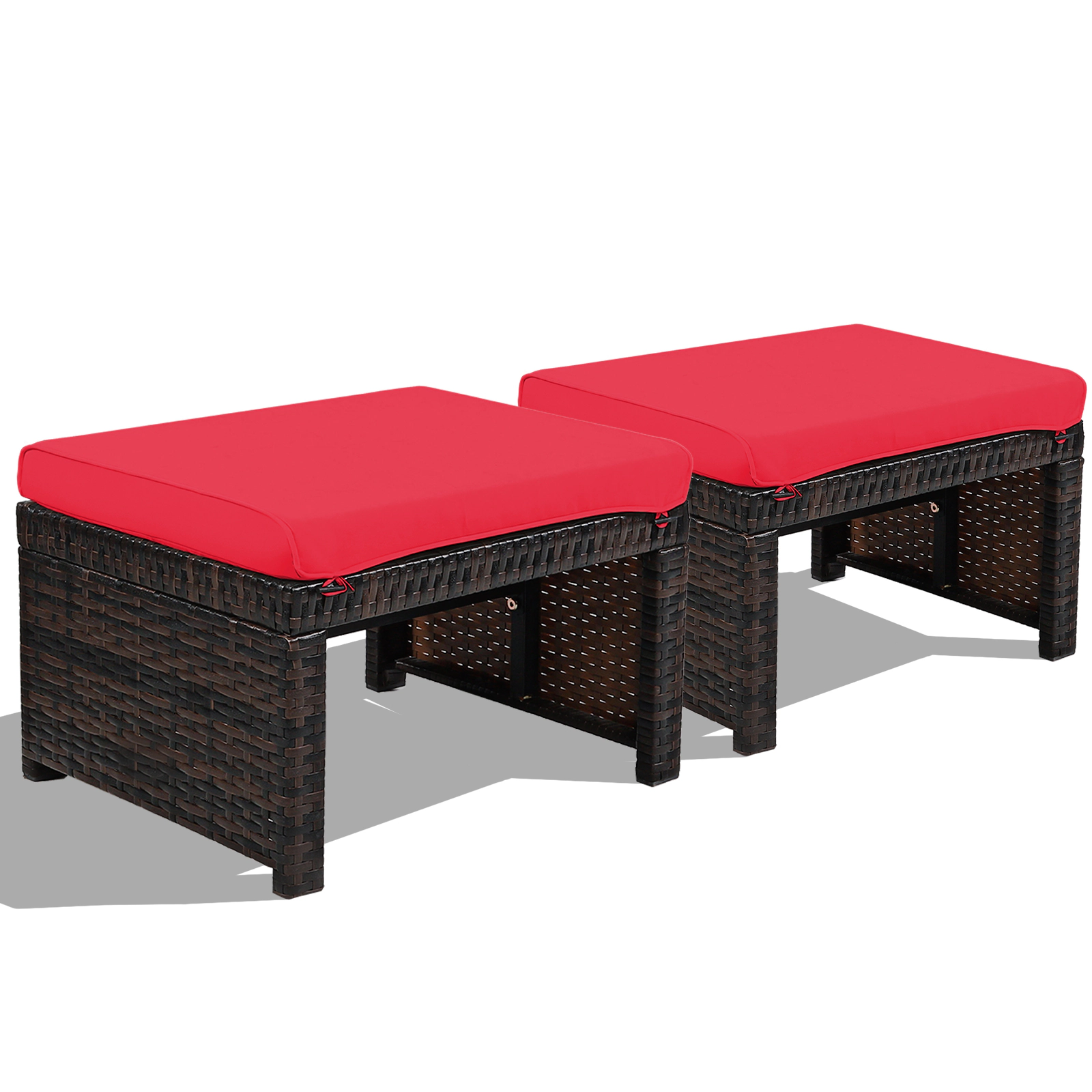 SUGIFT Set of 2 355-lb Capacity Mix Brown PE Rattan Patio Ottomans with Red Water-Resistant Cushions