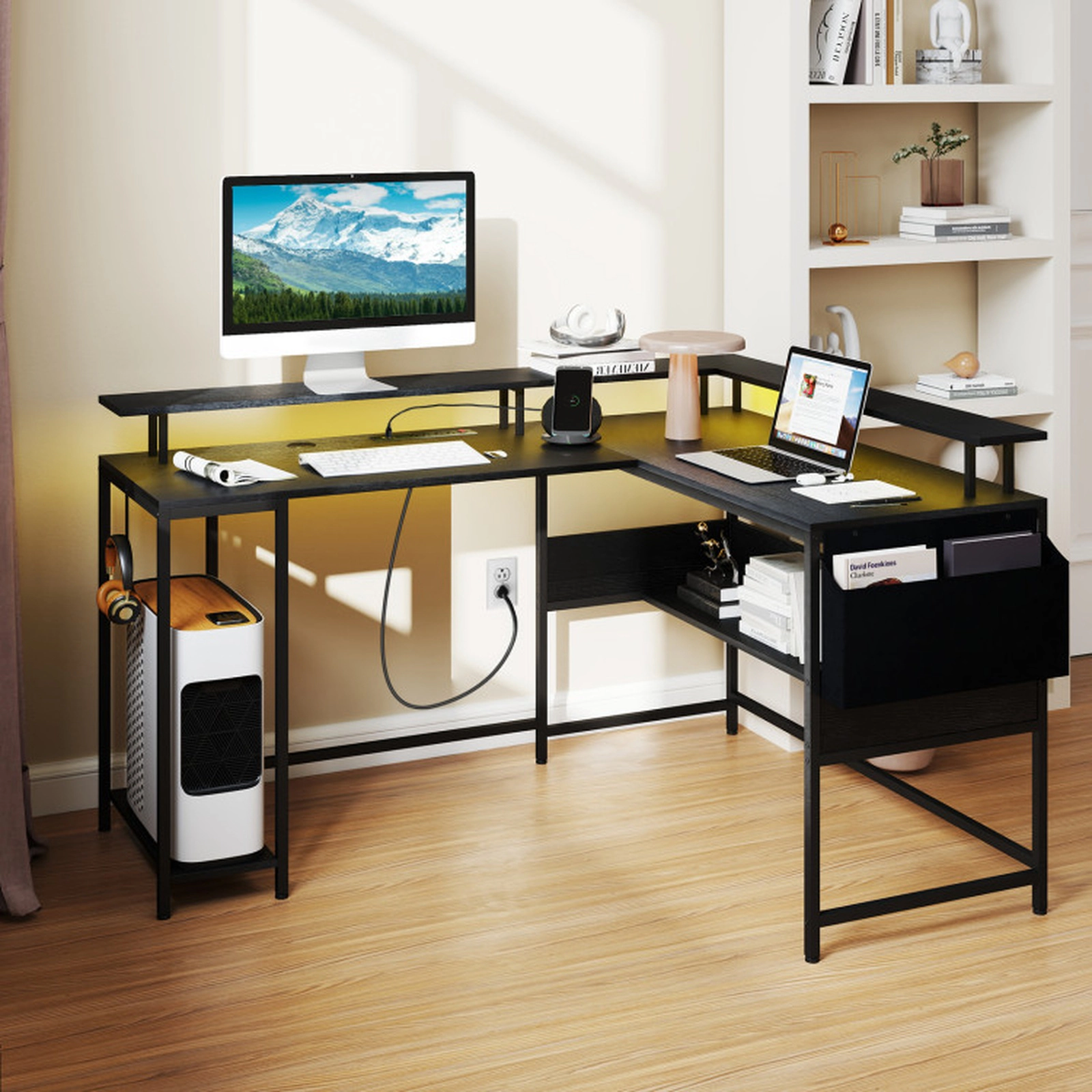 SUGIFT 200-lb Capacity Black L-Shaped Gaming Desk with RGB LED Lights Power Outlets and Storage Bag