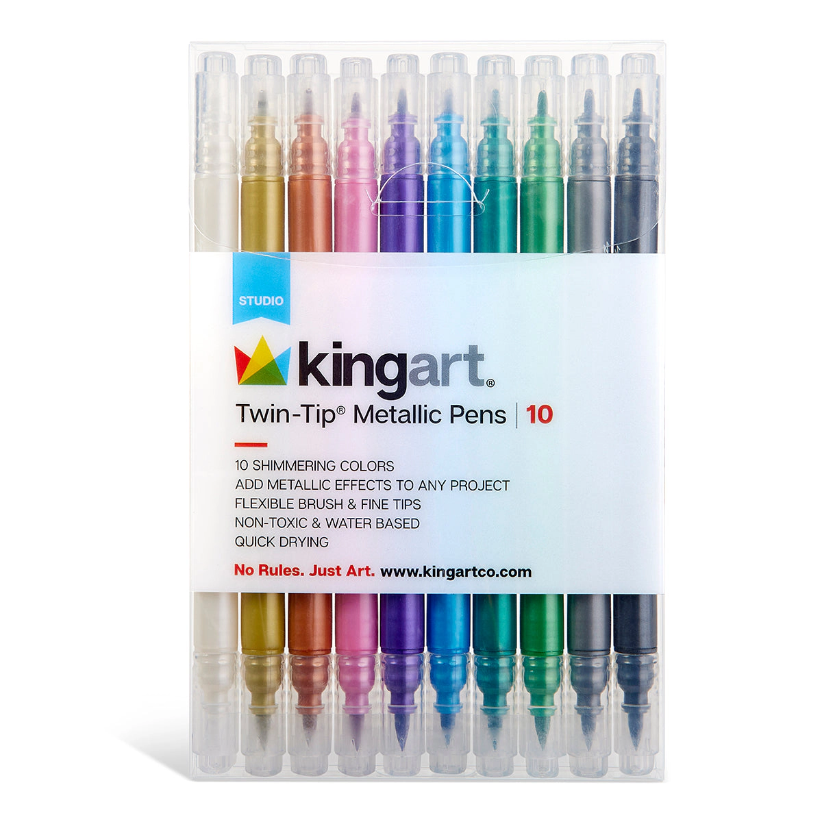 KINGART Twin-Tip Metallic Pens - Double-Ended Brush & Fine Tip - Water-Based Ink - Set of 10 Shimmering Colors