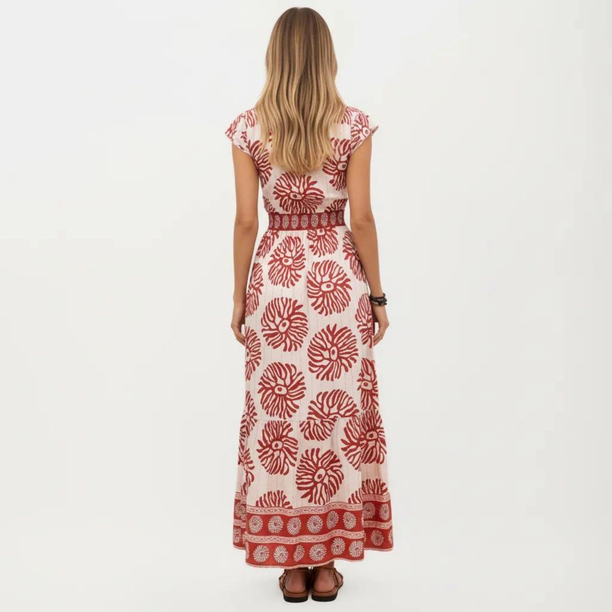 Anna-Kaci Women's Short Sleeve Printed V Neck Smocked Waist Tiered Flowy Silhouette Maxi Dress