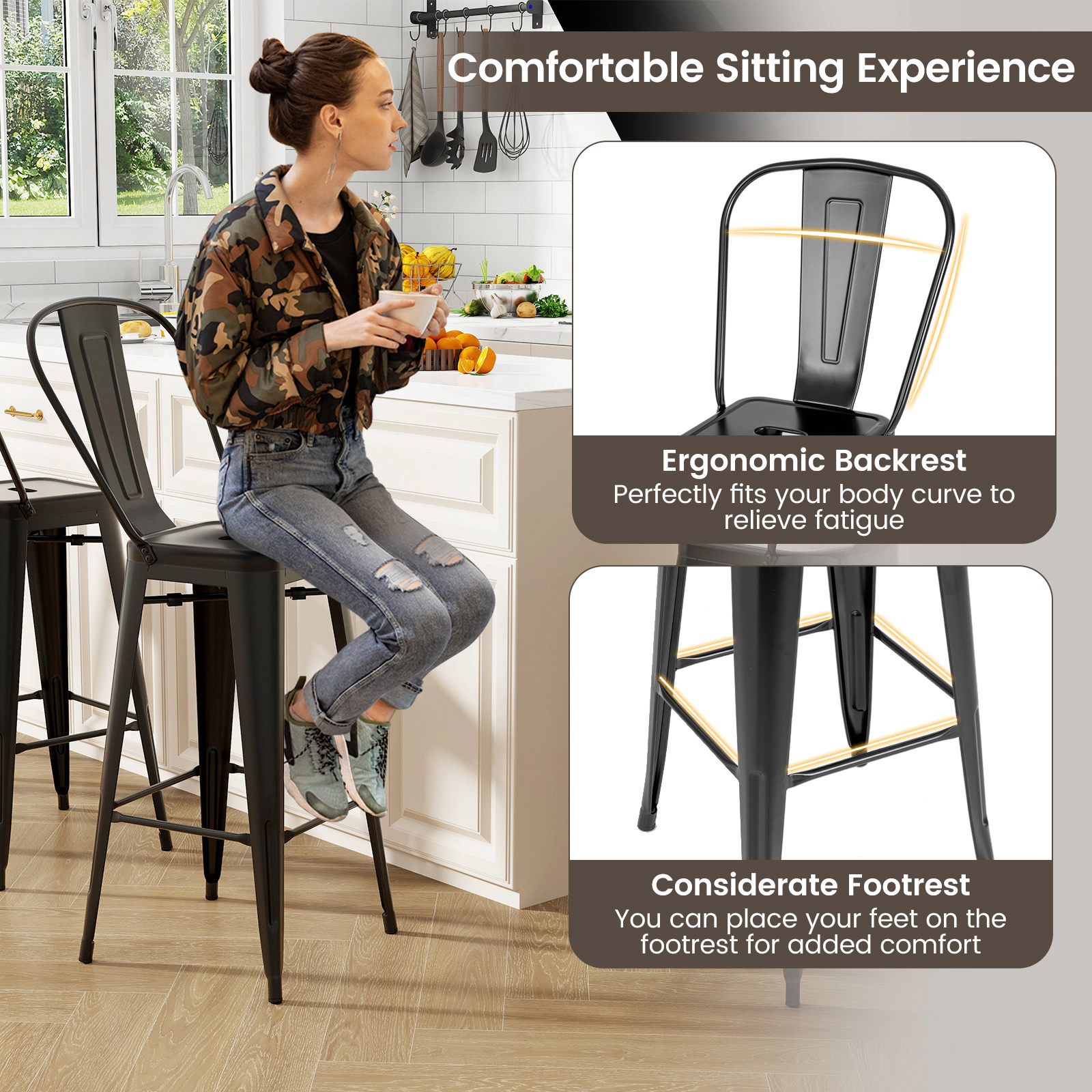 SUGIFT Set of 4 Black 30 in Bar-Height Metal Bar Stools with Removable Backrests