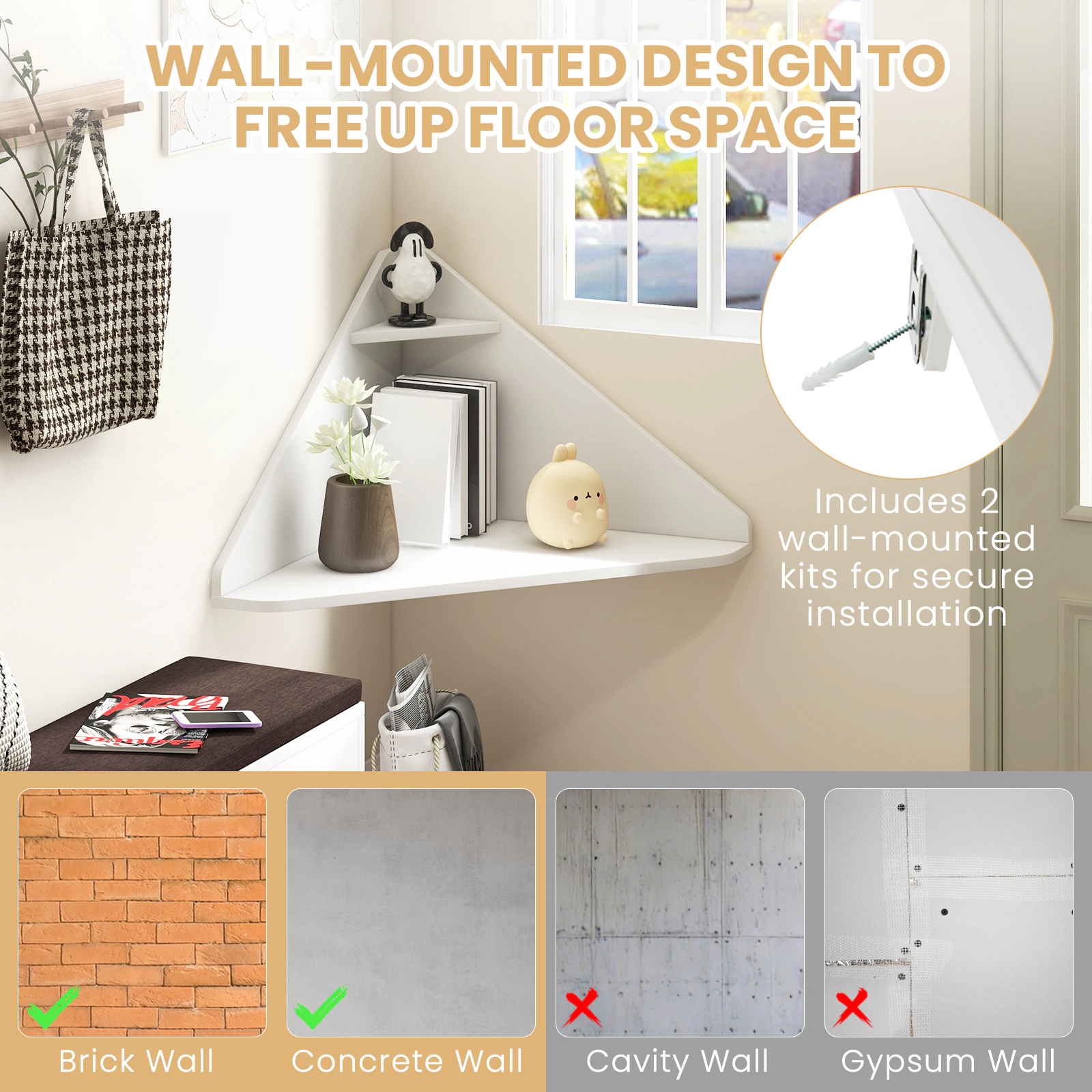 SUGIFT White Triangular Corner Floating Desk with Lower Shelf