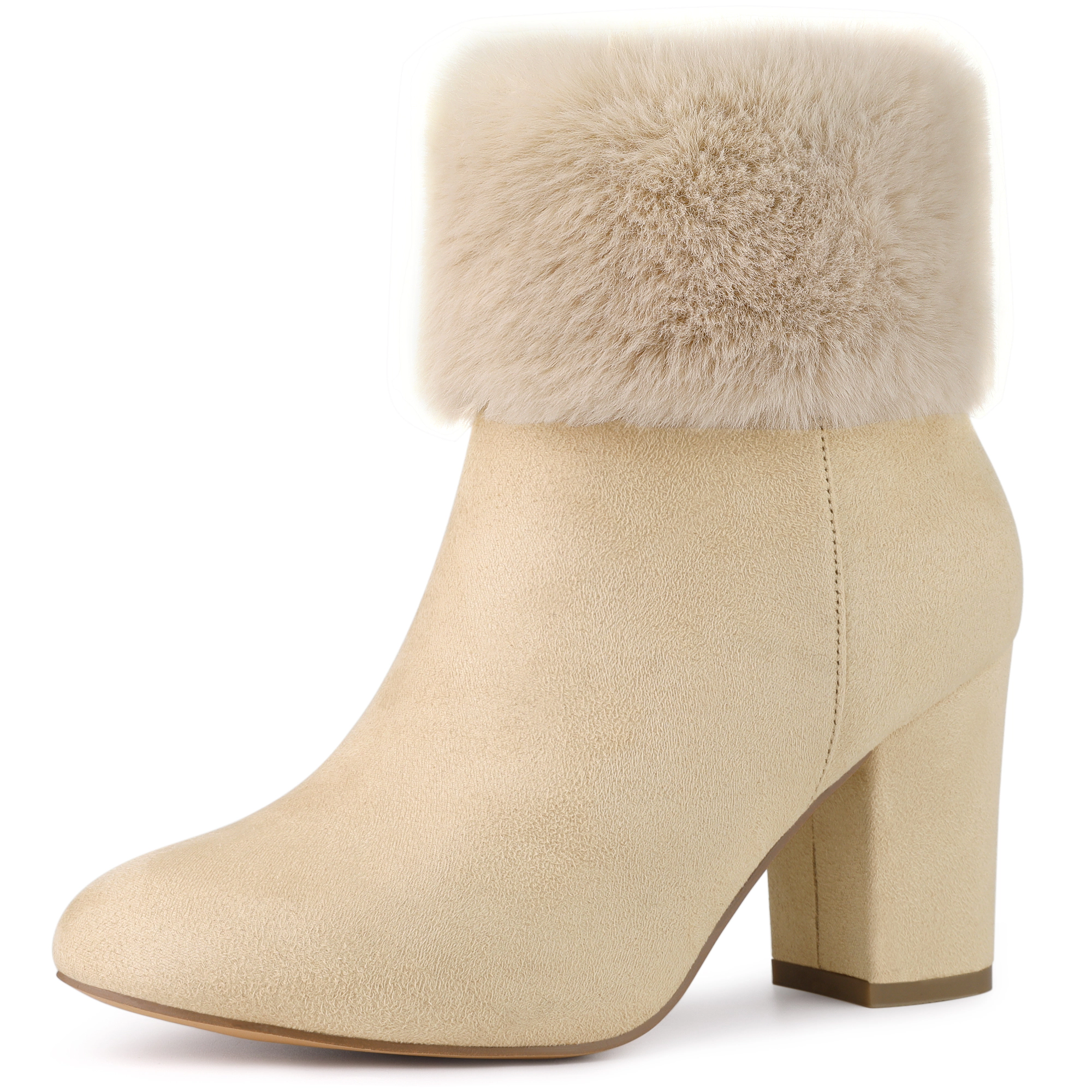 BLISSFUL STEP Women Faux Fur Chunky Heel Side Zipper Ankle Boots