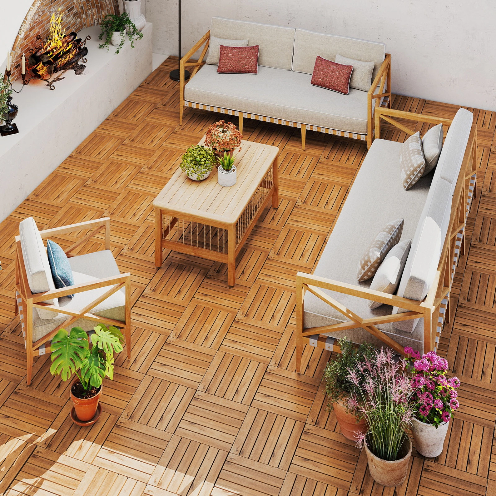 SUGIFT Natural 27-Piece Acacia Wood Deck Tiles with Raised Drainage Base 12-in W 12-in D 500-lb Tile Capacity