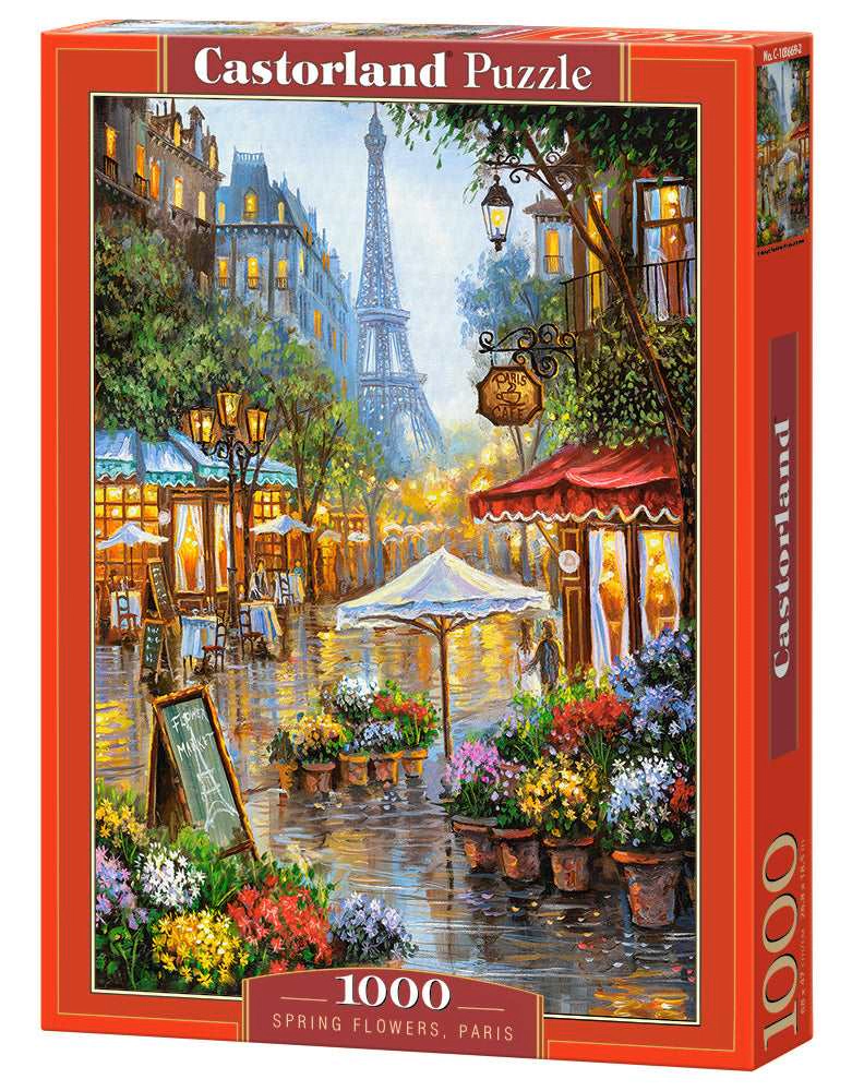 CASTORLAND 1000 Piece Jigsaw Puzzle, Spring Flowers, Paris, France, Colorful Eiffel Tower and Café Puzzle, C-103669-2