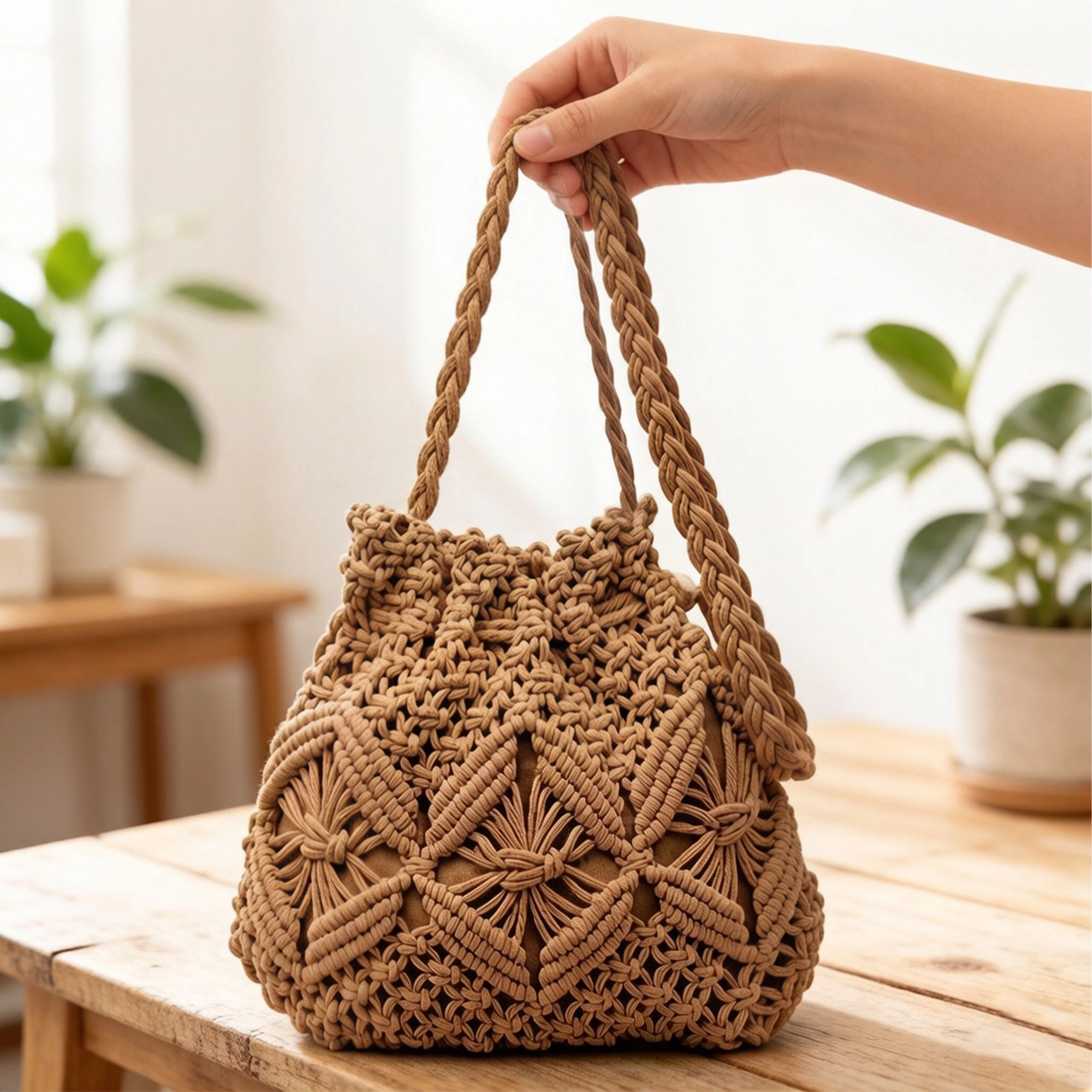 Alilang Women's Macrame Bucket Bag Knotted Rope Handbag Drawstring Shoulder Textured Woven Crossbody Style Purse