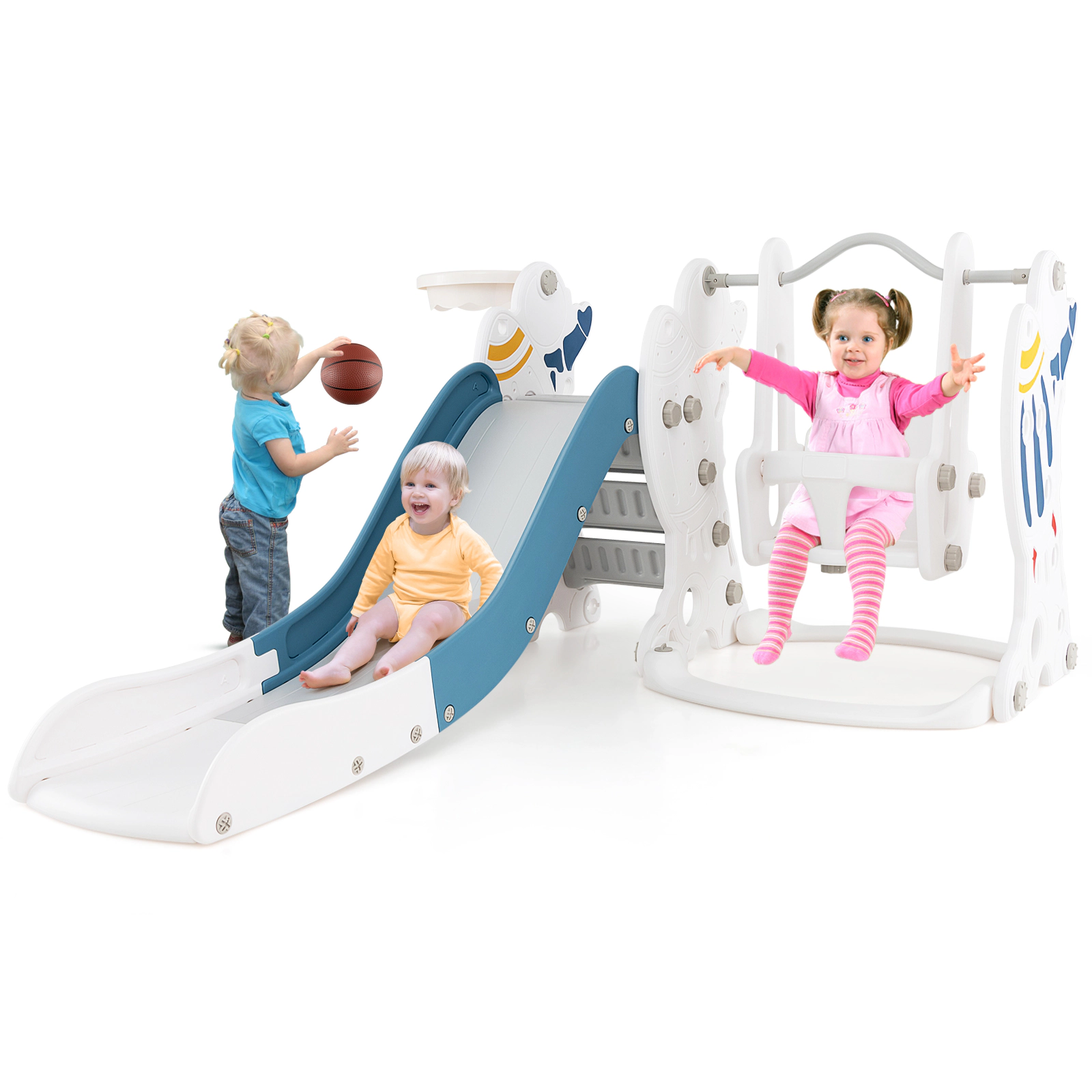SUGIFT Toddler Blue 4-in-1 Slide and Swing Set with Basketball Hoop 73-in W 36-in H 66-lb Child Capacity