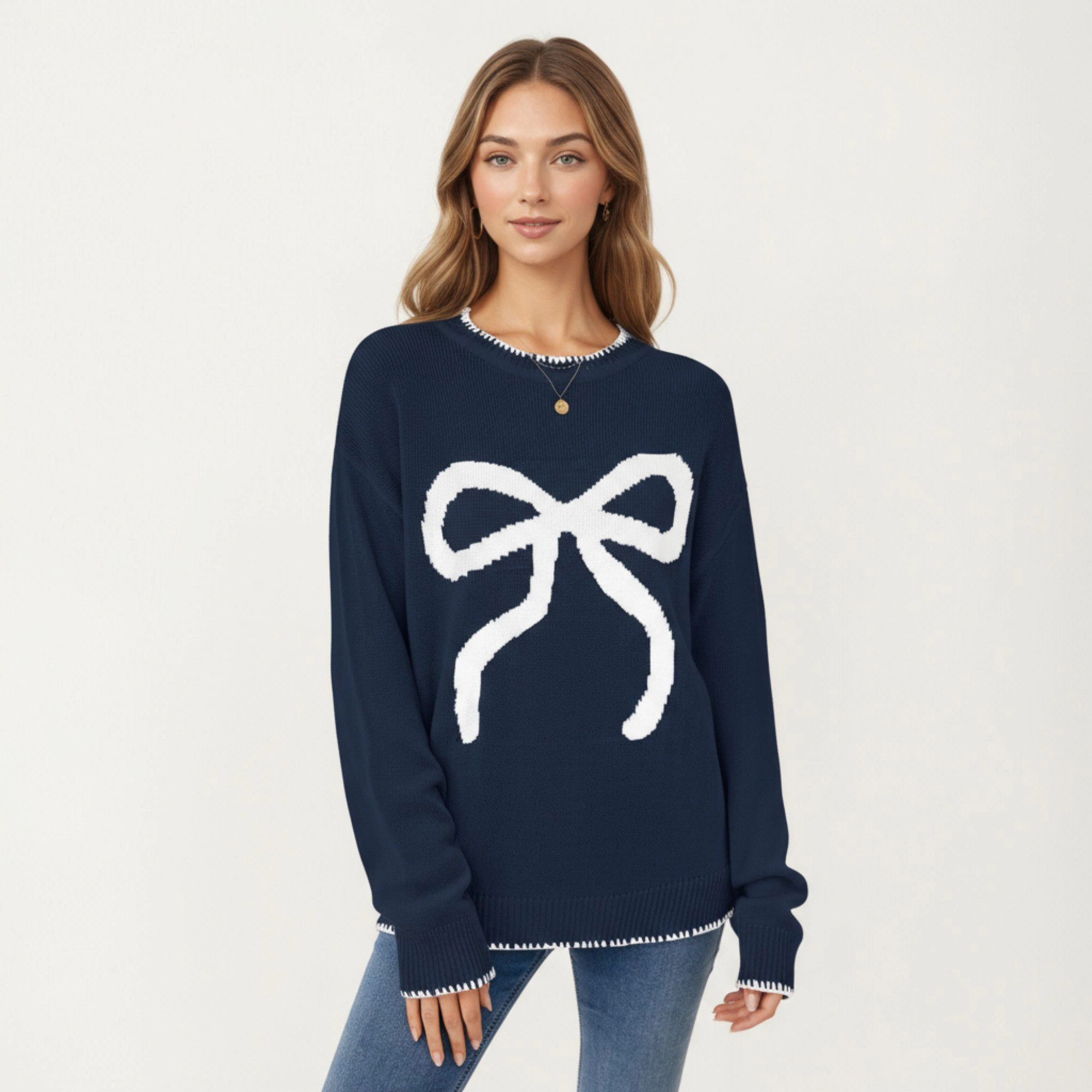 Anna-Kaci Women's Crew Neck Knit Sweater with Large Bow Graphic Design