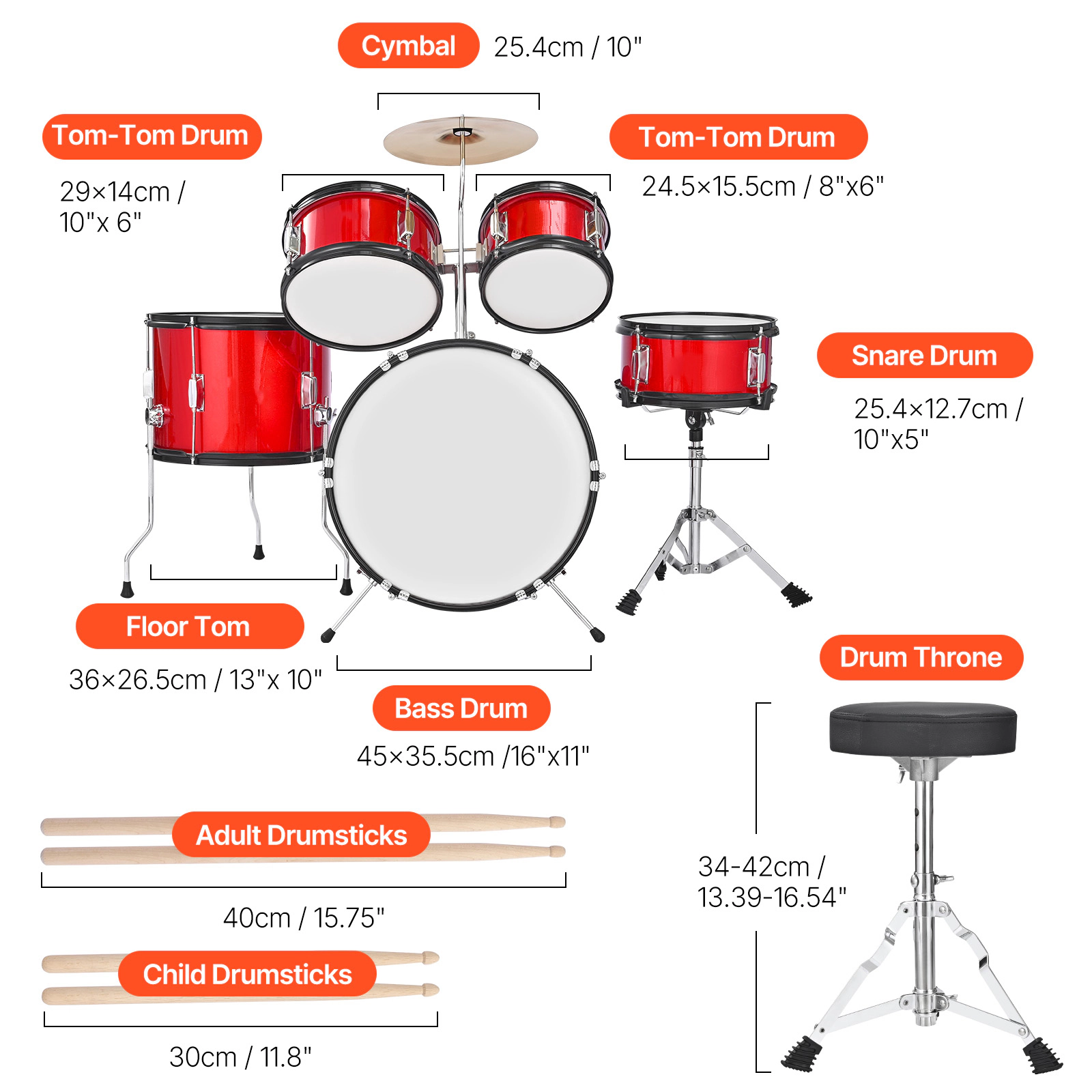 HONGGE Kids Drum Set Junior Drum Sets Beginner Drums Set with Adjustable Throne Cymbal & Two Pairs of Drumsticks
