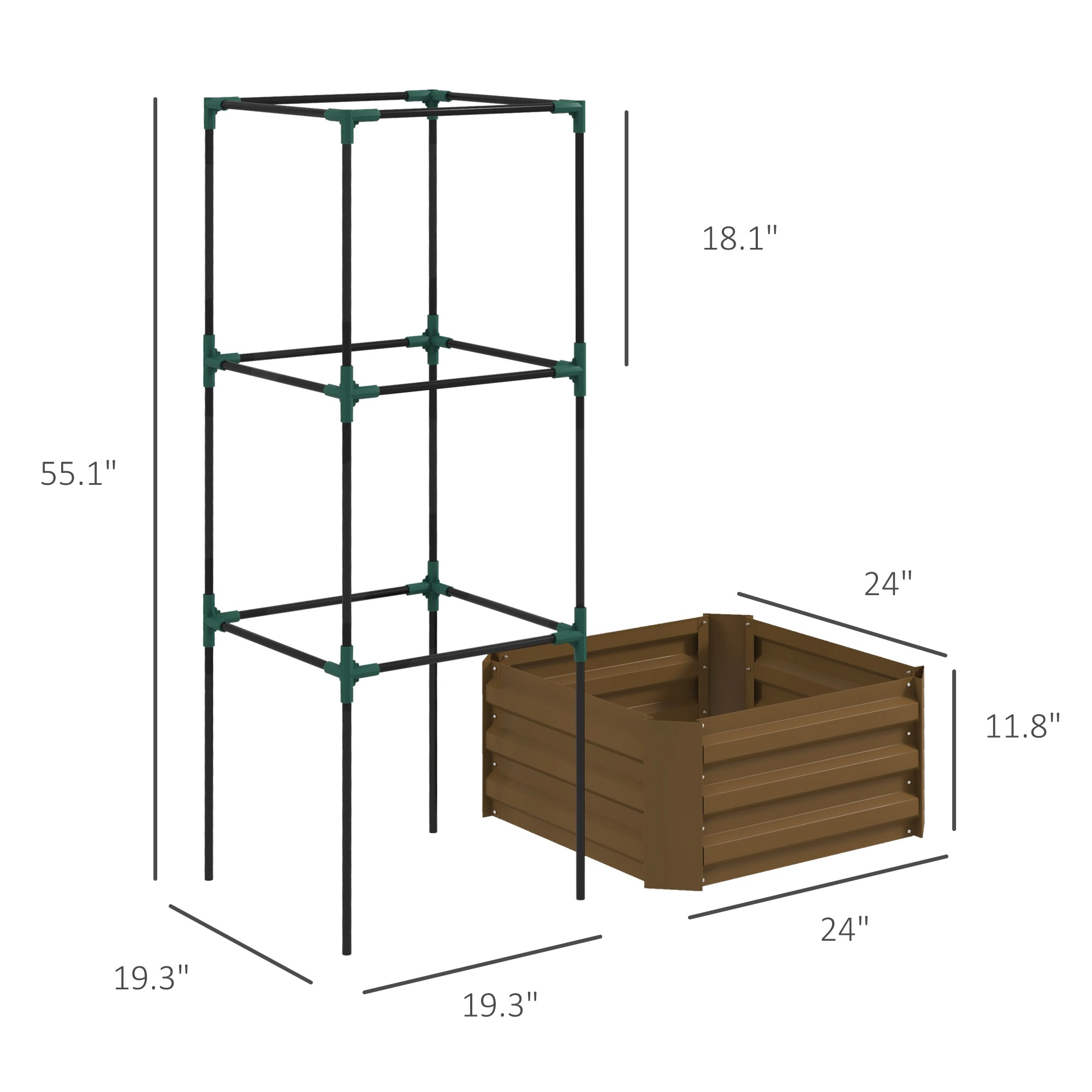 HONGGE Galvanized Planter Box 24" x 55" Raised Garden Bed with Tomato Cage for Climbing Vines