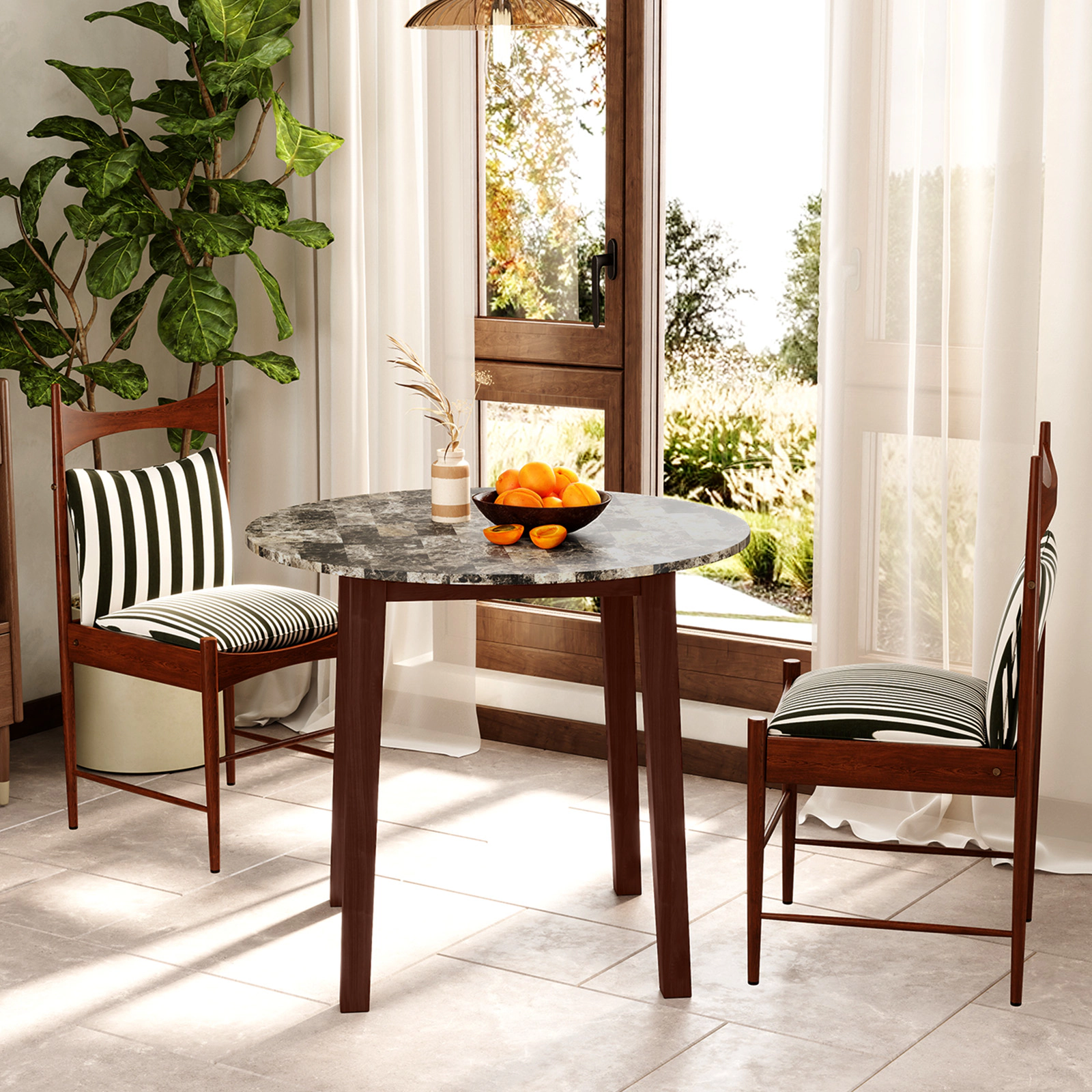 SUGIFT 35-in Round Dining Table with Rubber Wood Legs and Marble-Textured Veneer Tabletop 286-lb Capacity Brown