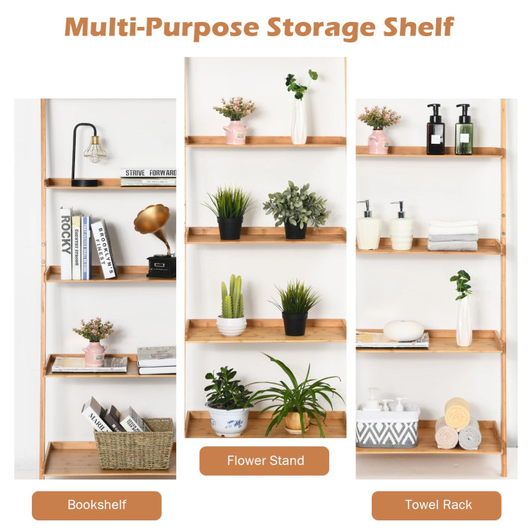 Hivvago 5-Tier Ladder Shelf Bamboo Bookshelf Wall-Leaning Storage Display Plant Stand