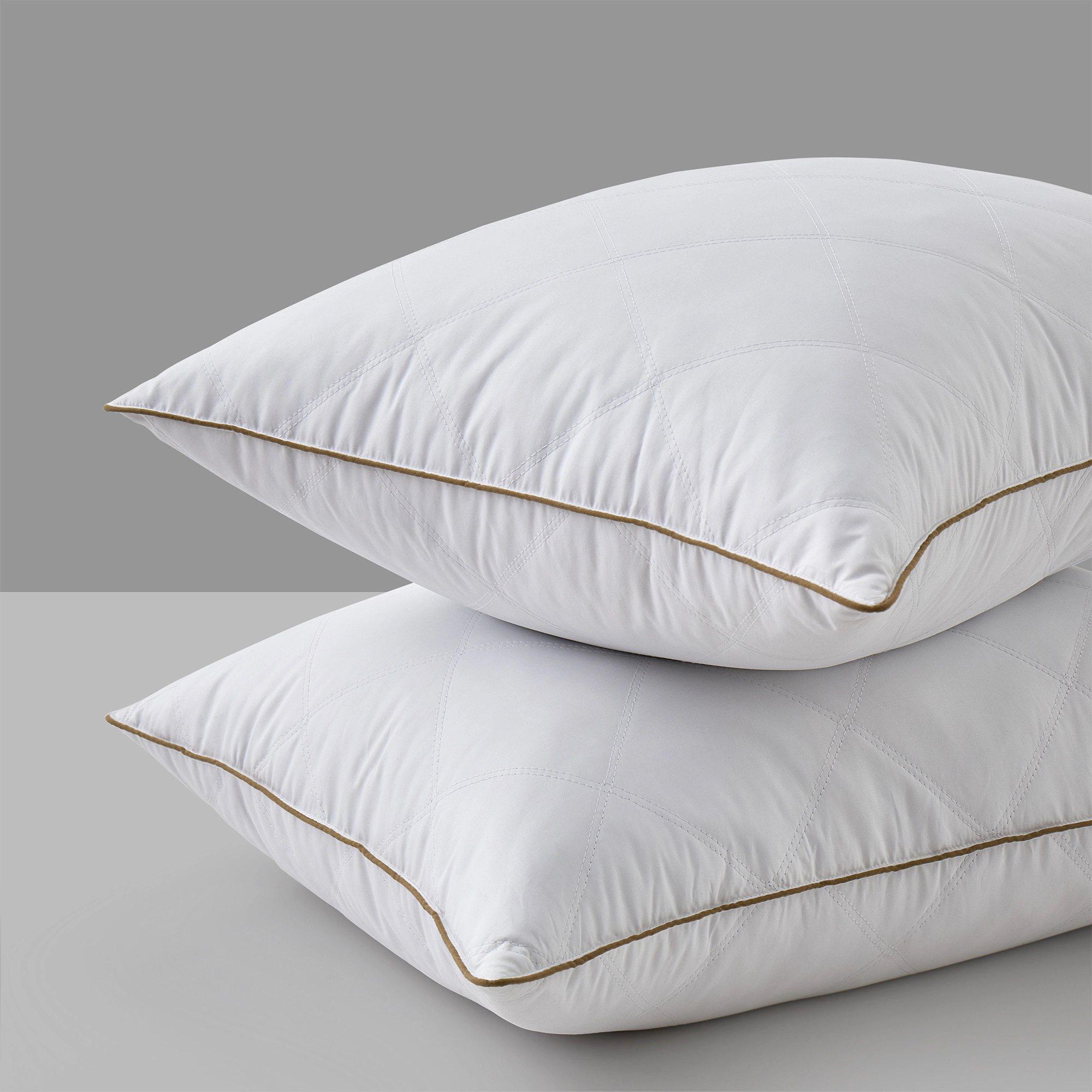 Unikome Diamond Quilted Goose Feather Pillow Set of 2, Brown Piped Hotel Support Bed Pillows
