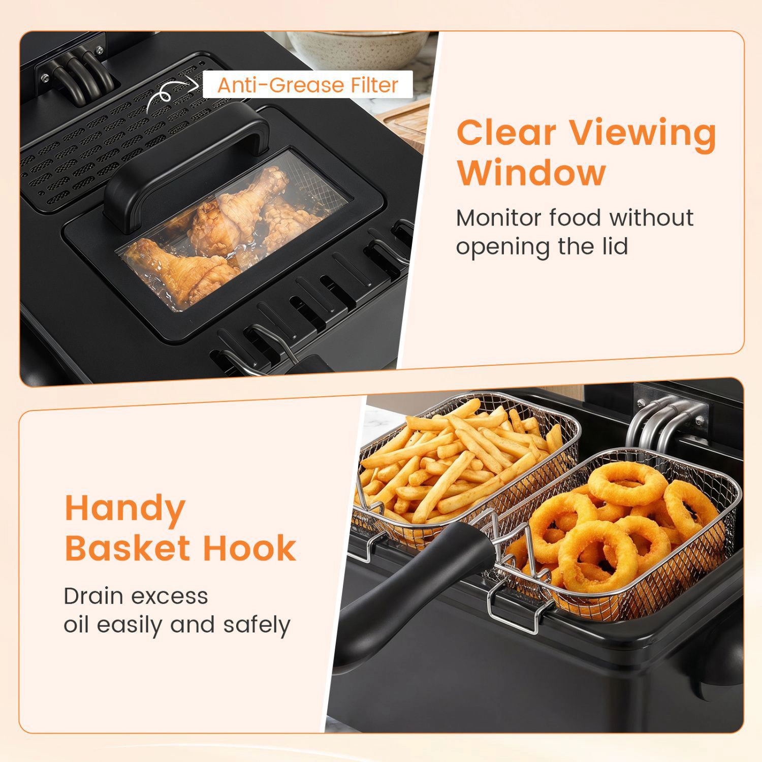 SlickBlue 3-Basket Deep Fryer 5.3 QT, 1700W Electric with Touch Screen