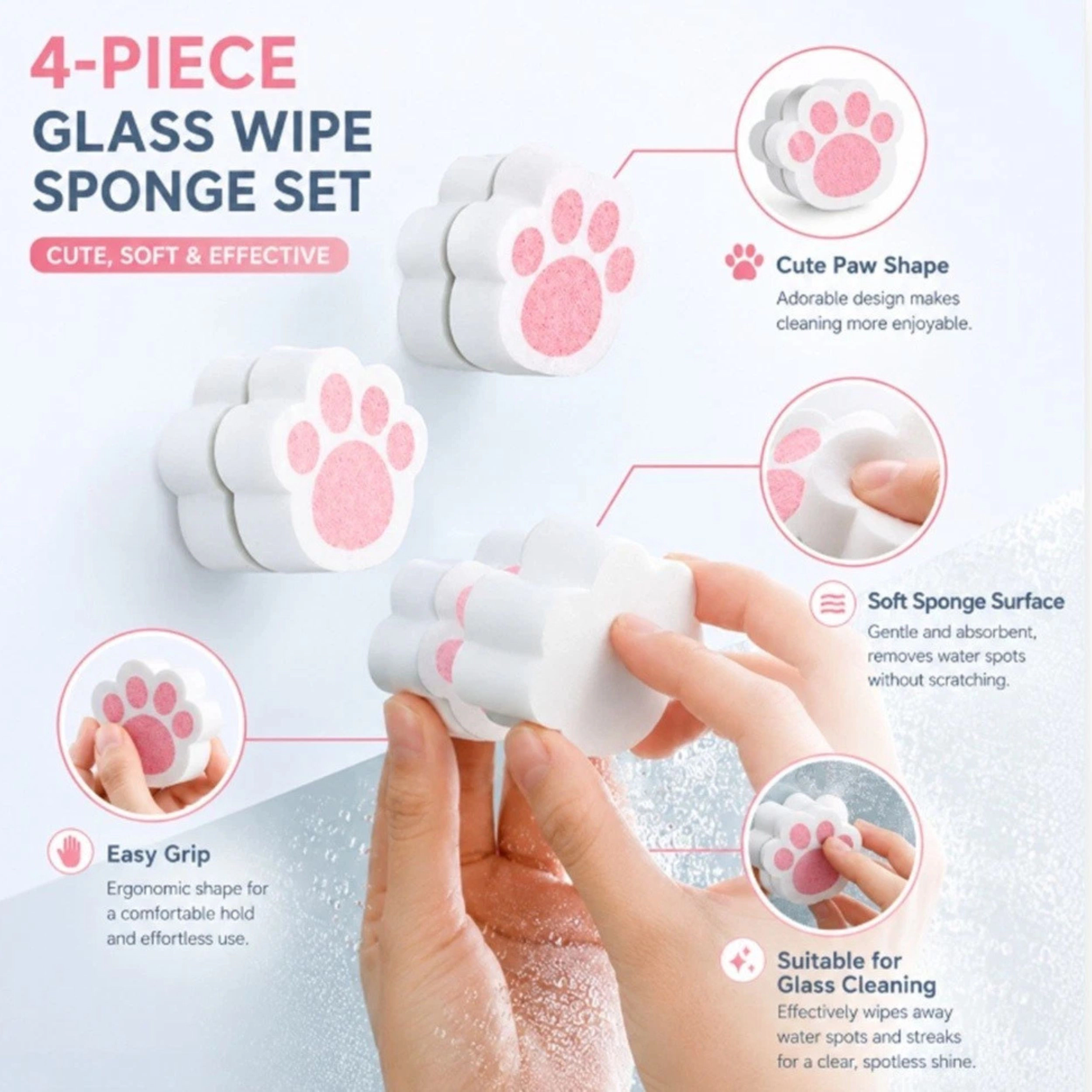 Home Collection Pack of 4 Cat Paw Glass Cleaning Brush Adhesive Mirror Wipe Sponge