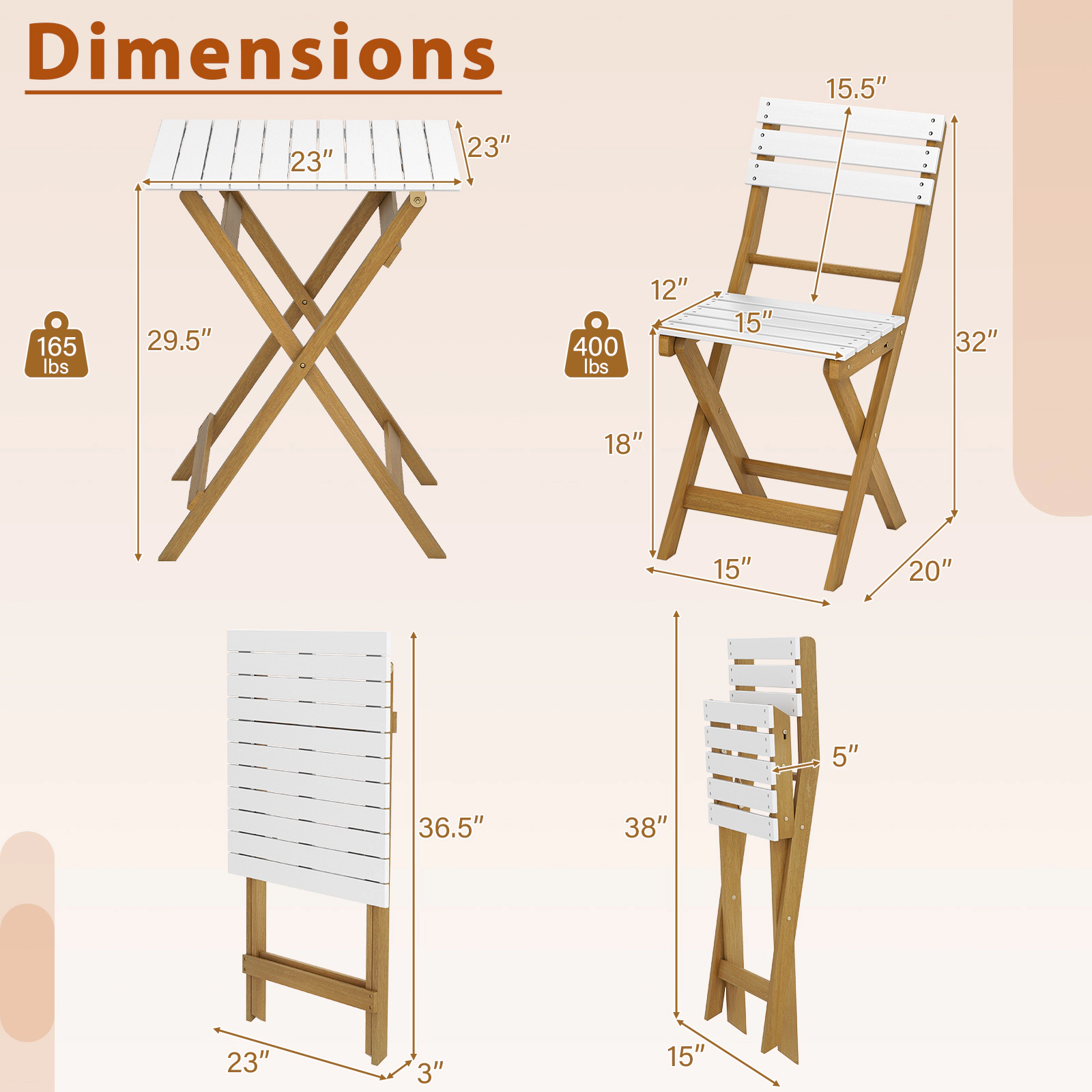 Hivvago 3 Piece Folding Patio Bistro Set With Foldable Design Acacia Wood Porch Chairs And Square Table