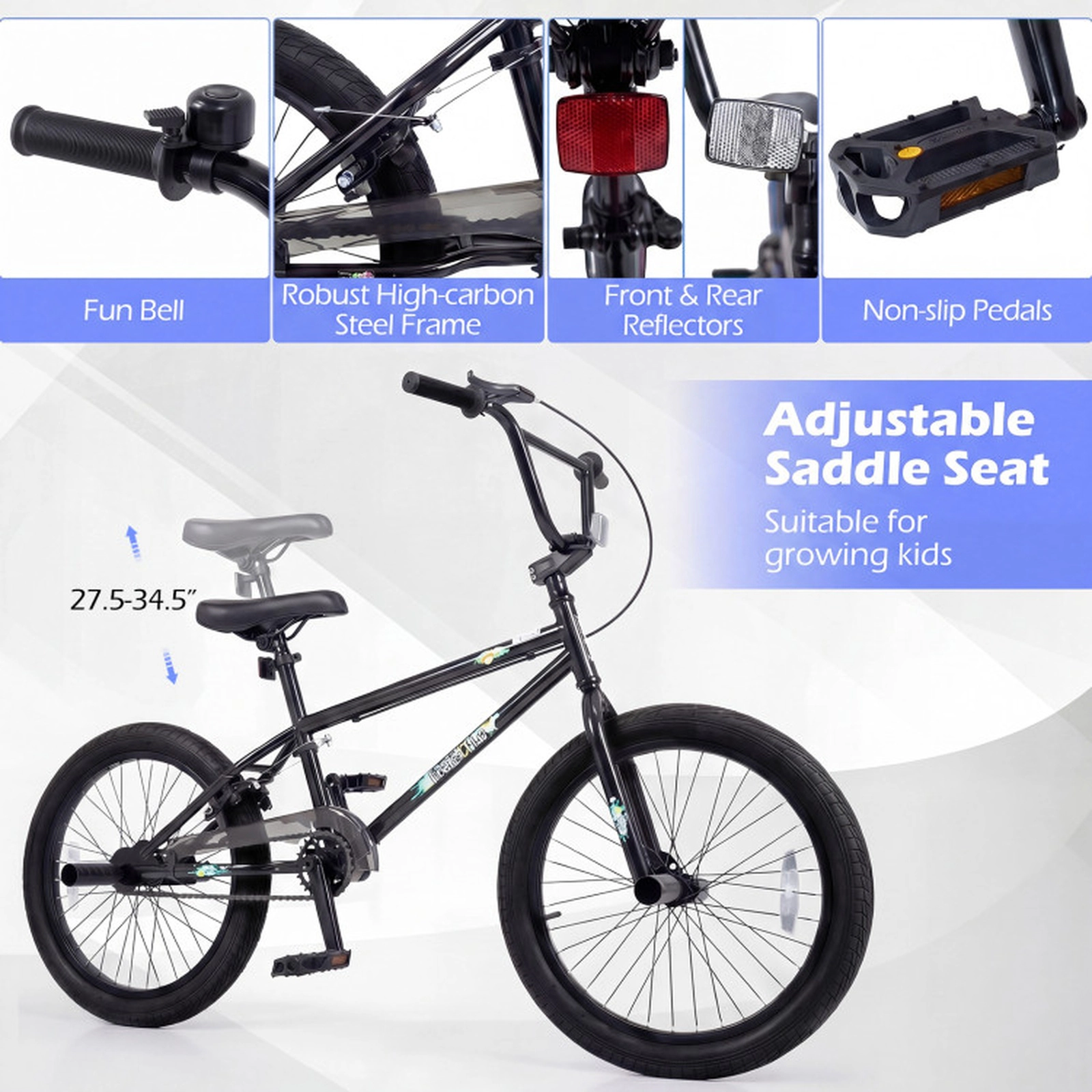 SUGIFT Black 360 Degree Steering 4 Metal Pegs and Adjustable Seat Kids 20 Inch BMX Bike