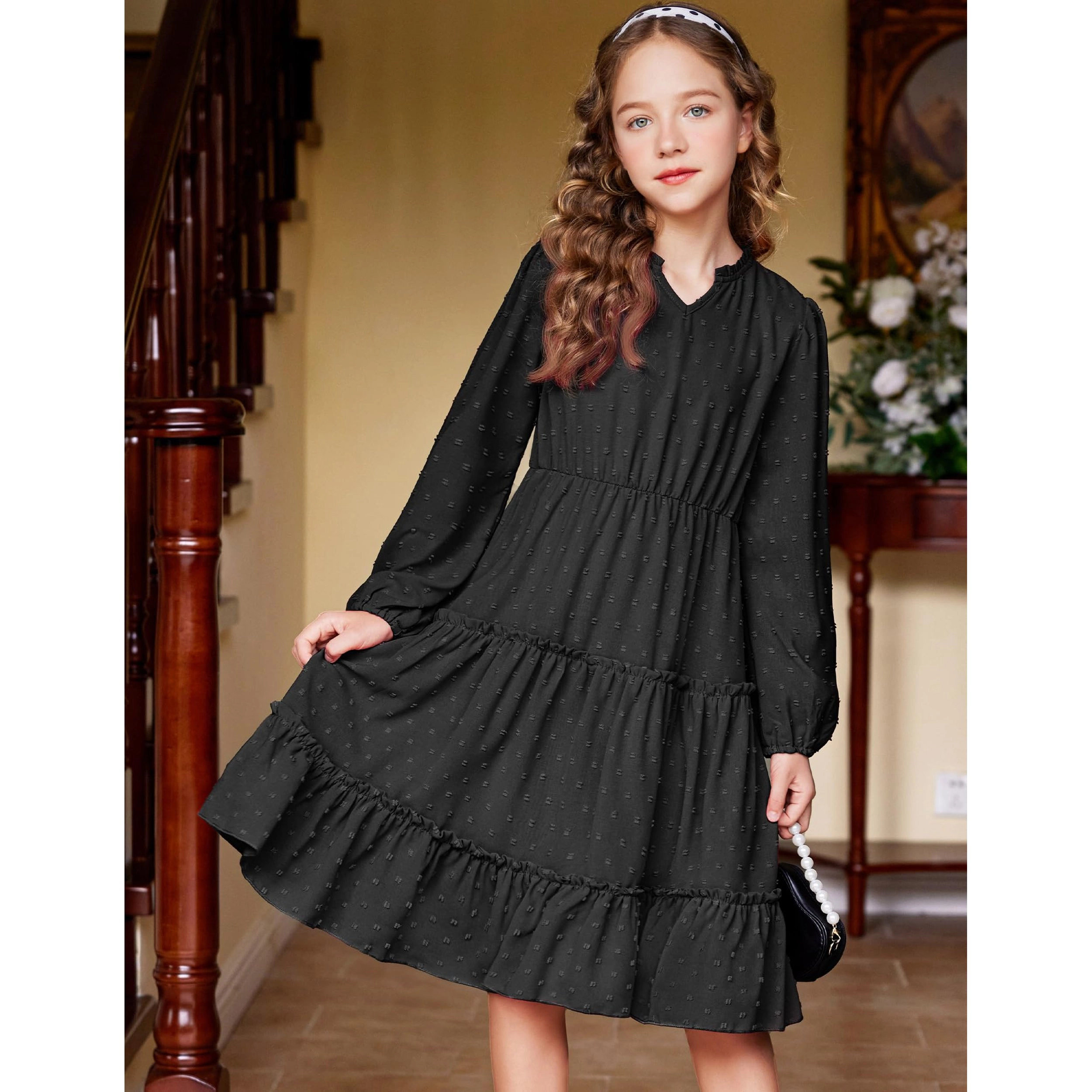 Arshiner Girls' Dresses V neck Long Sleeve Chiffon Swiss Dot Ruffle Tiered Boho Party Midi Dress