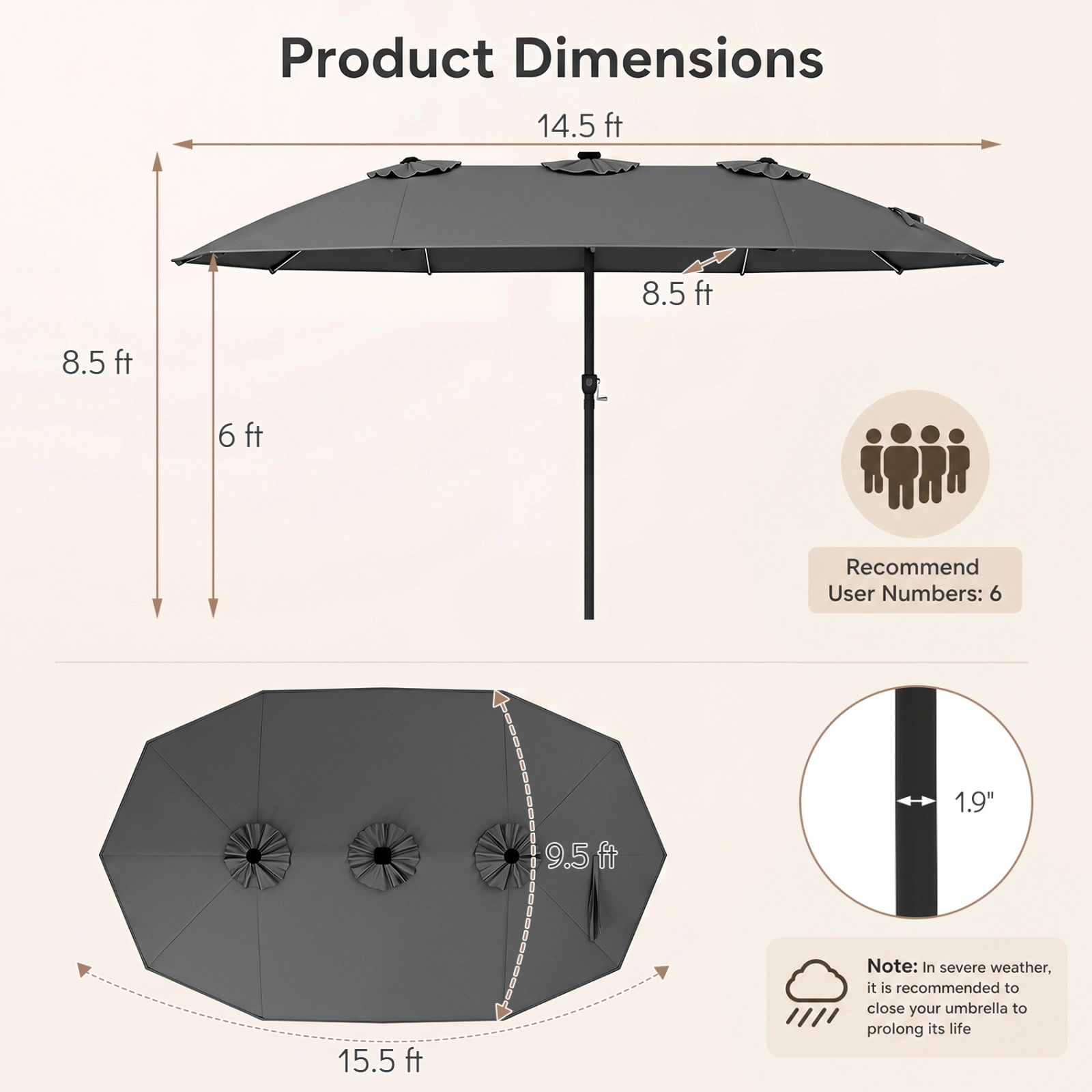 SUGIFT 15.5-ft Gray Rectangular Solar LED Patio Umbrella, 12 Reinforced Ribs, Crank Lift