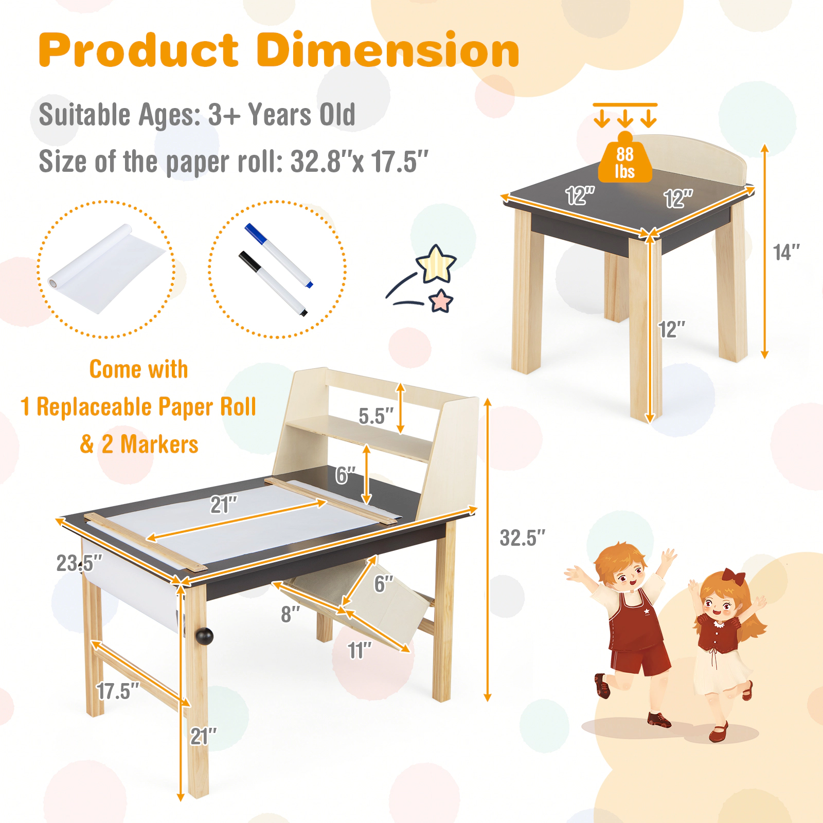 SUGIFT Kids Art Table and 2 Chairs Set Coffee with Paper Roll and Storage Bins