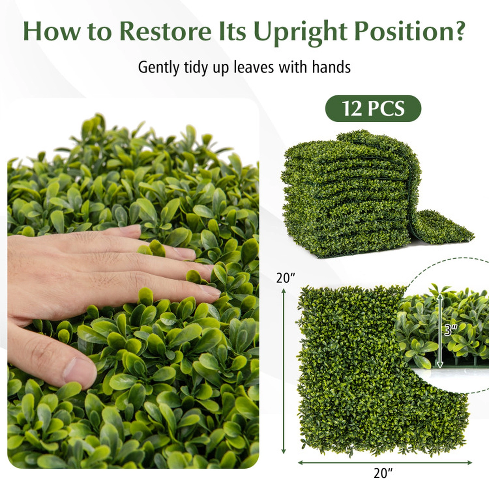 SUGIFT 12-Pieces Artificial Hedge Boxwood Panels 20 x 20-in 32-sq.ft Coverage 3-in Thick Green