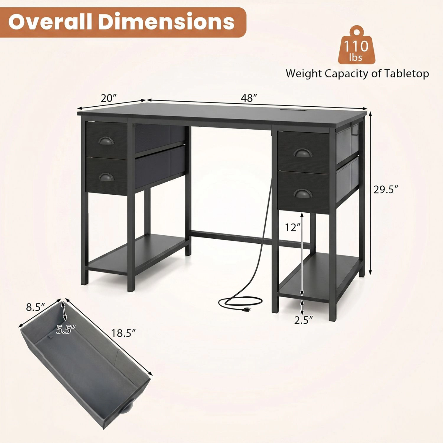 SlickBlue 48 Inch Computer Desk with Power Outlet and Drawers