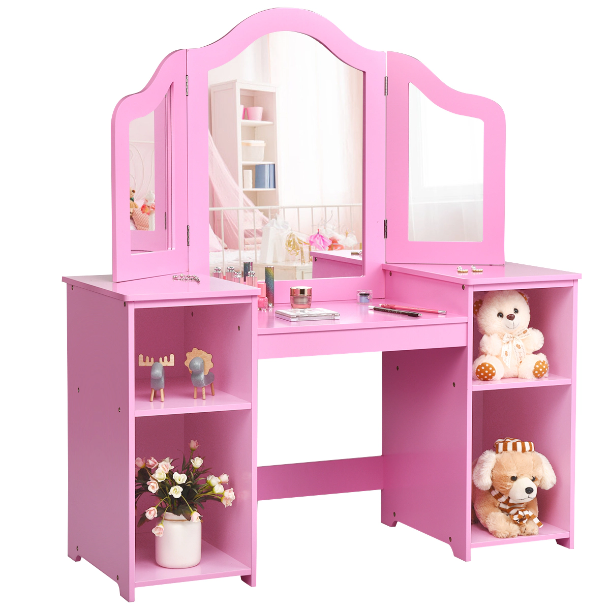 SUGIFT 42-Inch Kids Vanity Table Set with Tri-Folding Mirror and 4 Storage Compartments