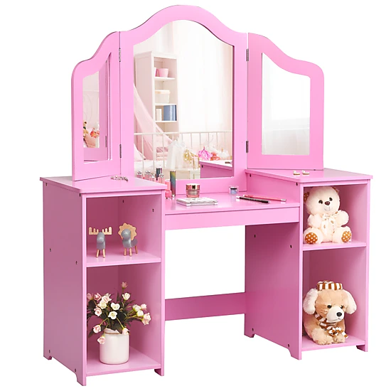 SUGIFT 42-Inch Kids Vanity Table Set with Tri-Folding Mirror and 4 Storage Compartments