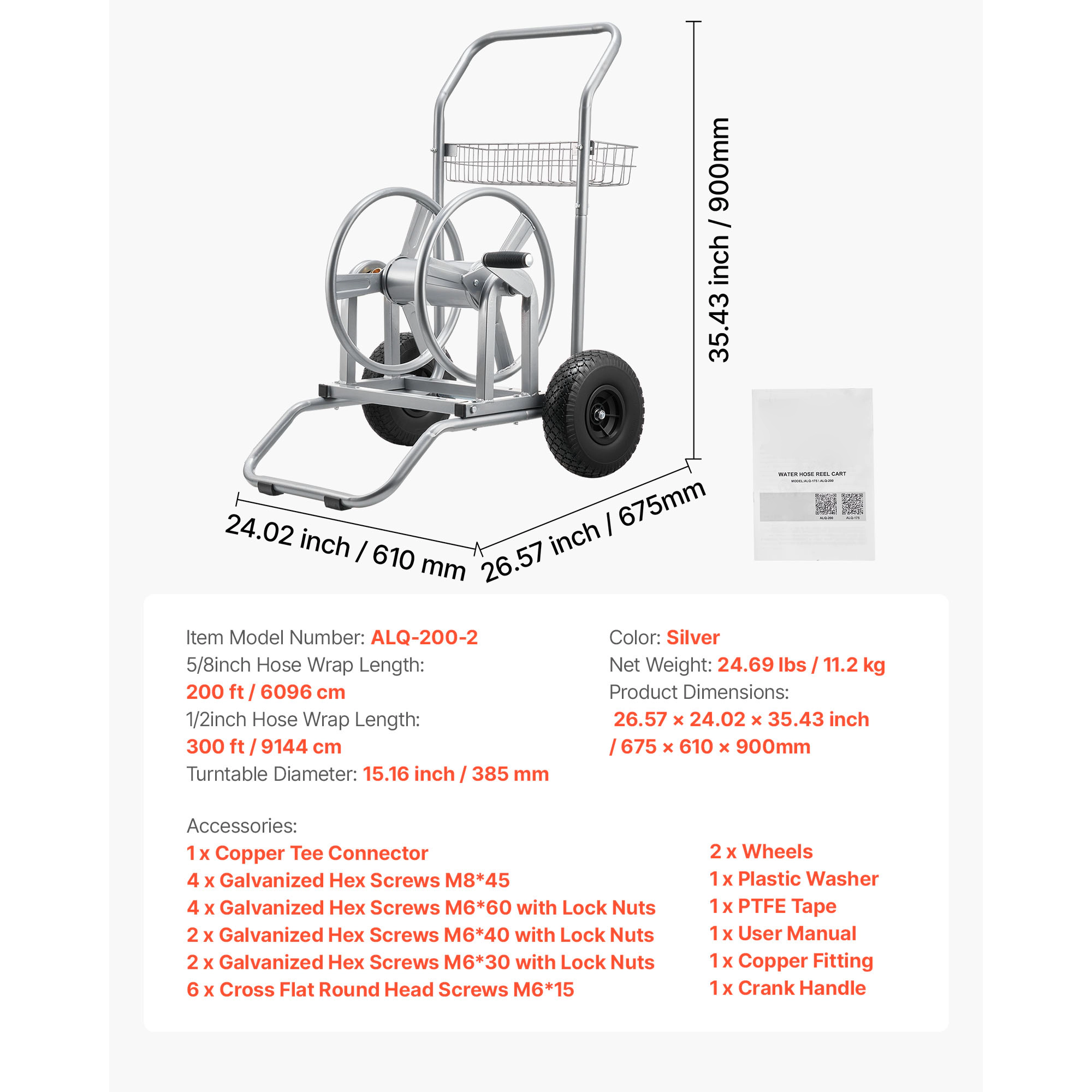 HONGGE Heavy-Duty Garden Hose Reel Cart with Two Wheels, Handle & Mesh Storage Basket, Portable for Garden Car